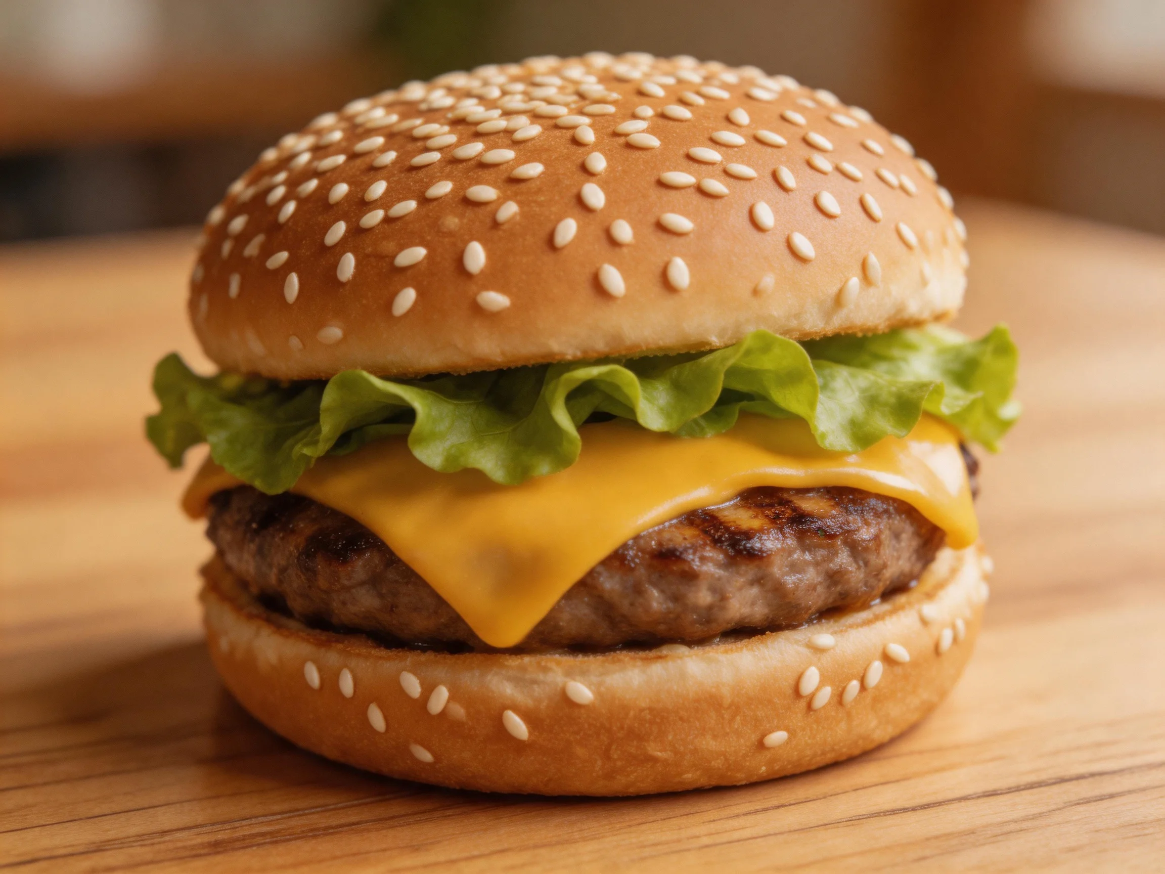 A sesame-seeded hamburger with lettuce, melted cheese, and grilled beef patty