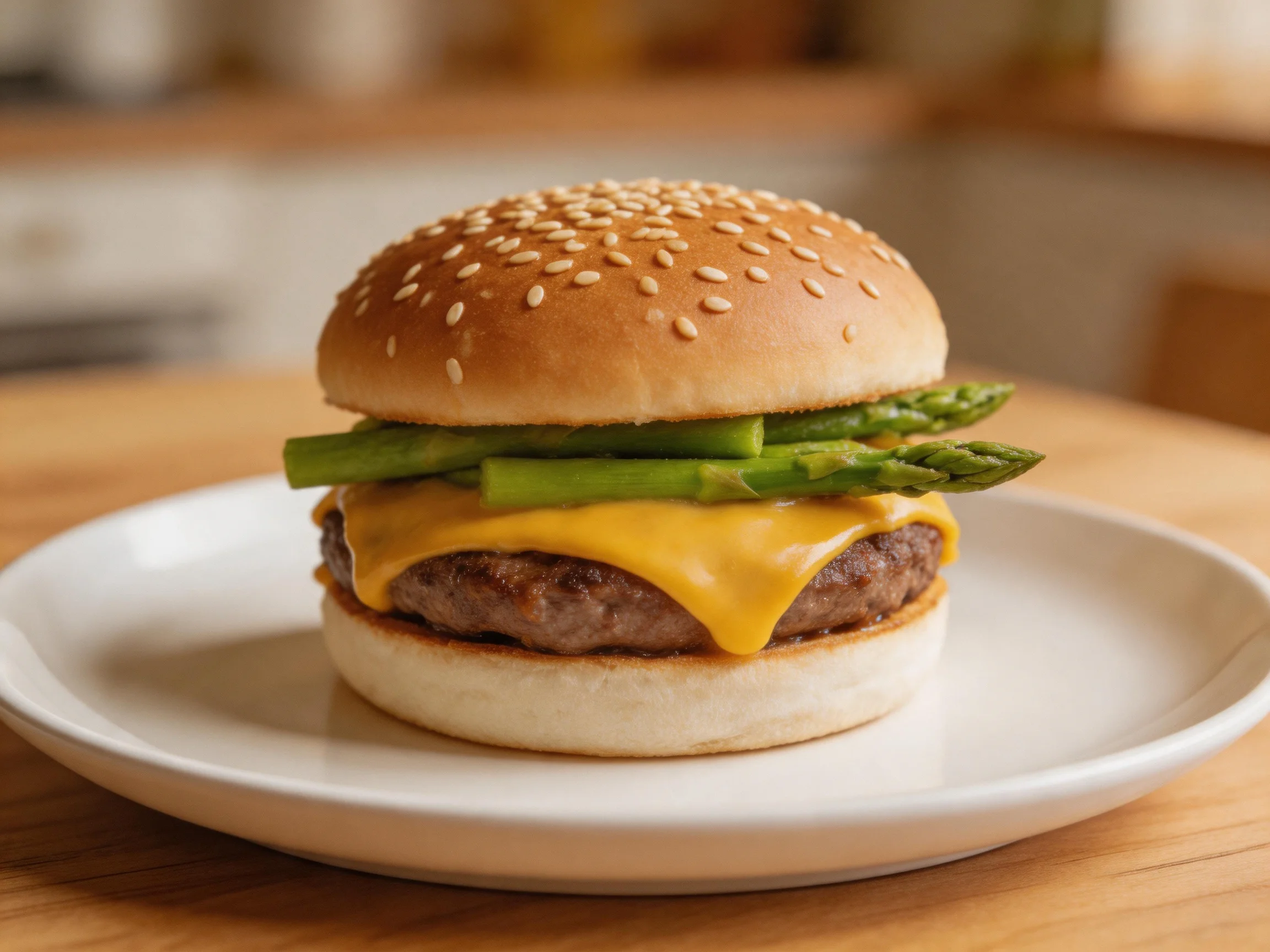 A sesame-topped burger with cheese, beef, and asparagus