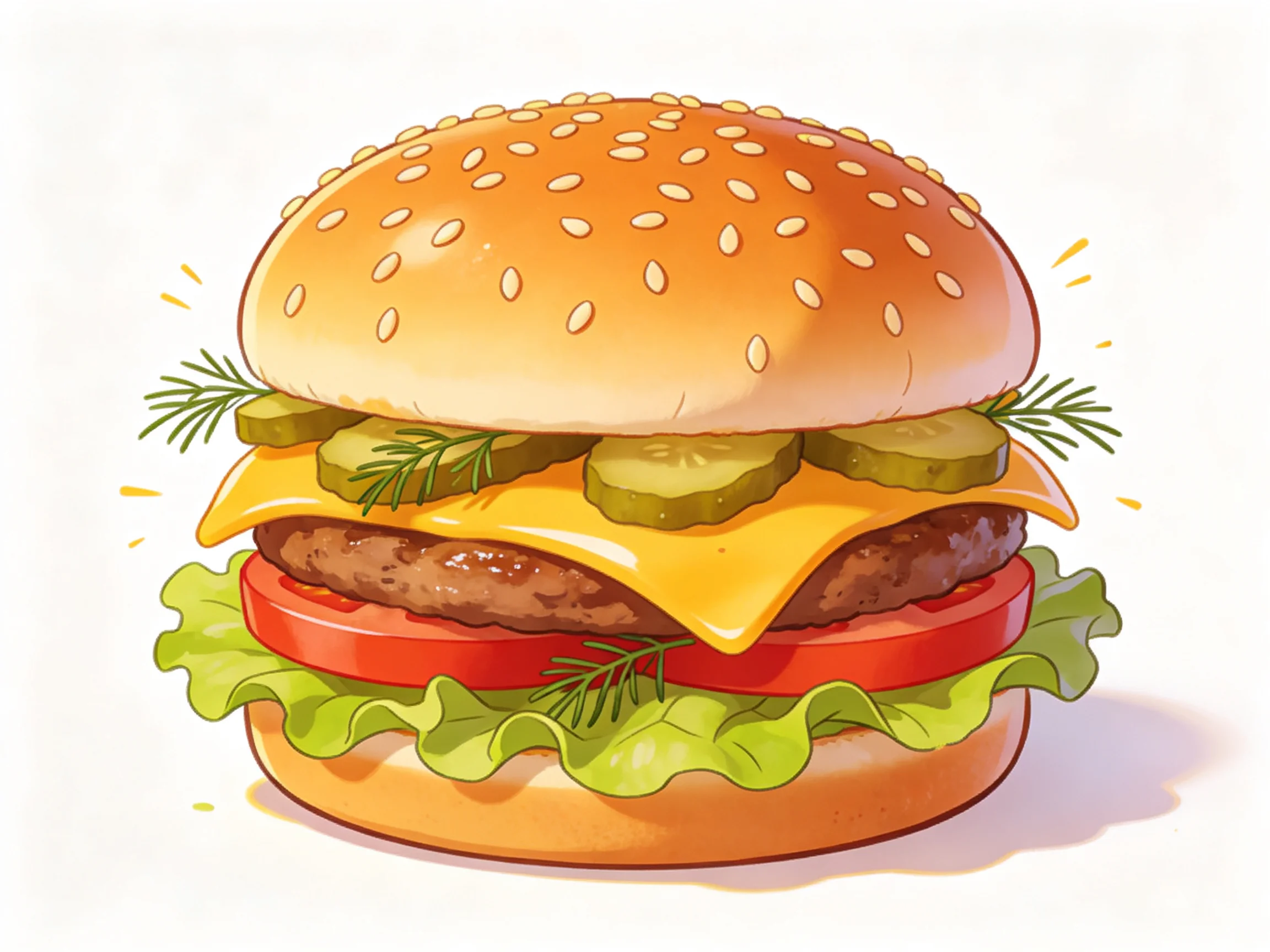 A sesame-topped burger with cheese, pickles, lettuce, and tomato