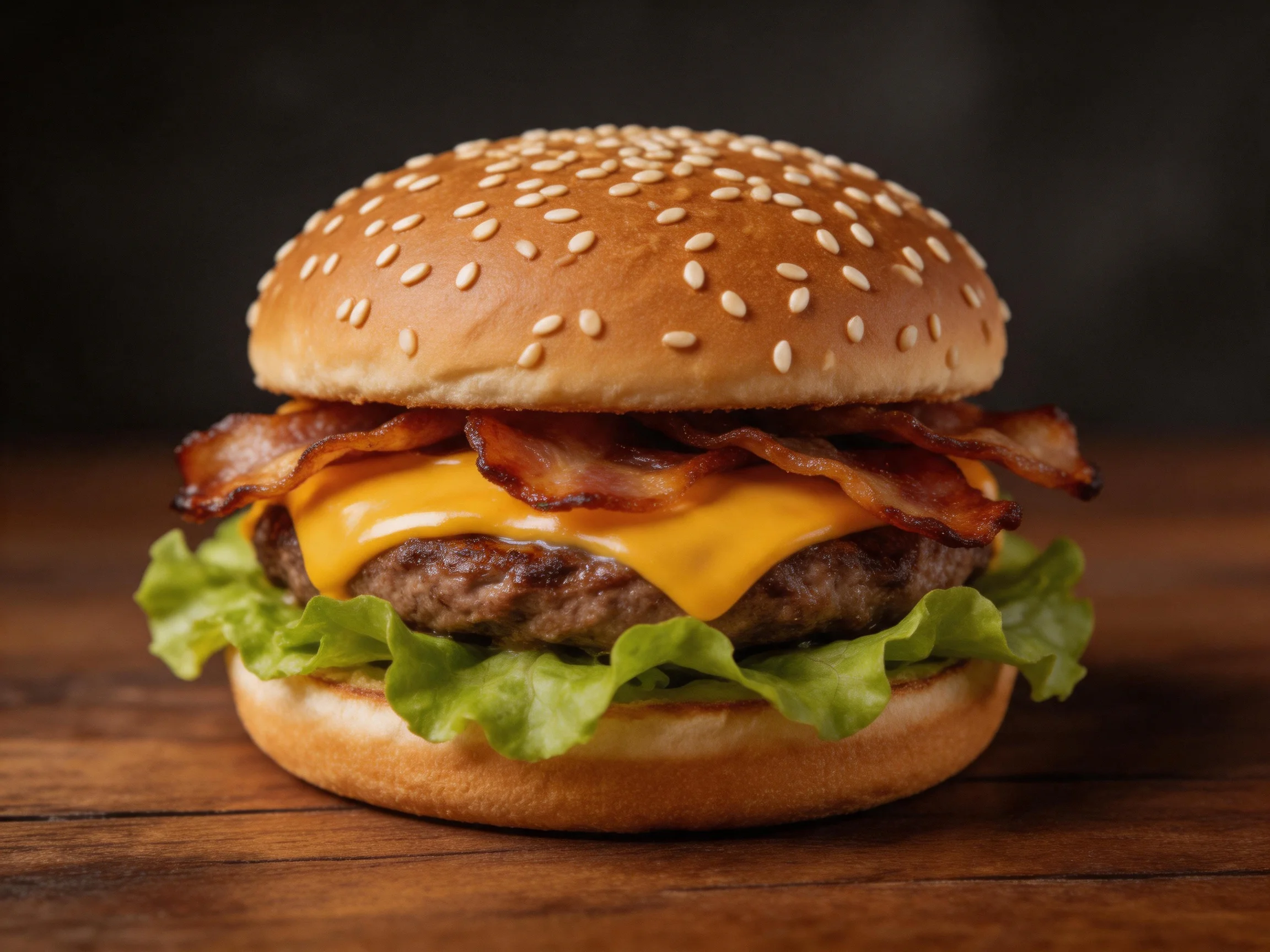 A sesame-topped burger with crispy bacon, melted cheddar, and fresh lettuce