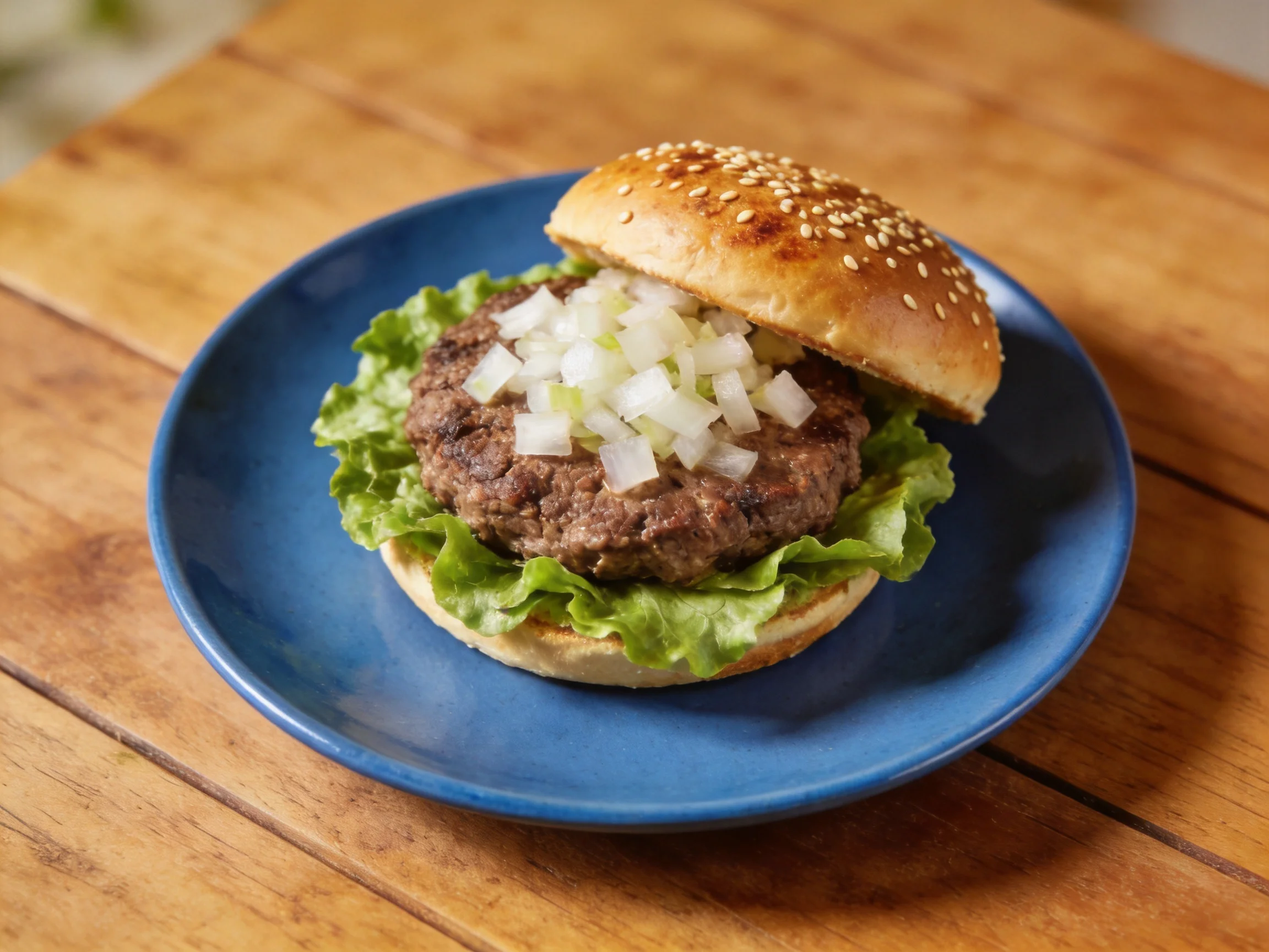 A sesame-topped burger with diced onions served on a blue plate