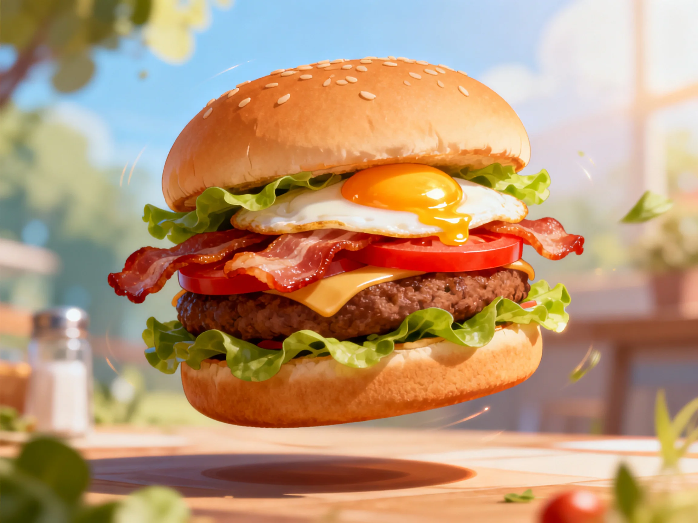 A sesame-topped burger with egg, bacon, tomato, and beef patty