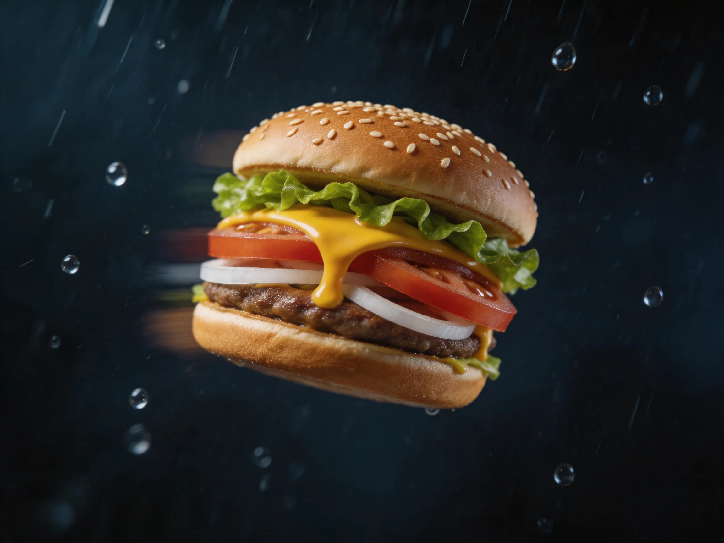 A sesame-topped burger with fresh vegetable layers and melted cheese