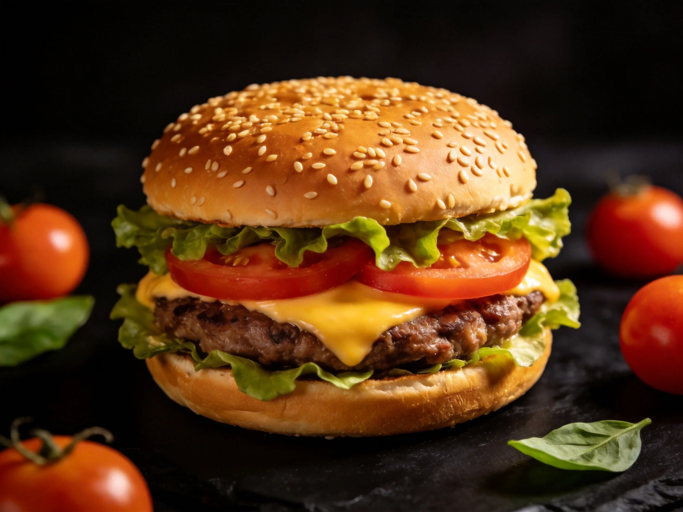 A sesame-topped burger with fresh veggies and melted cheese