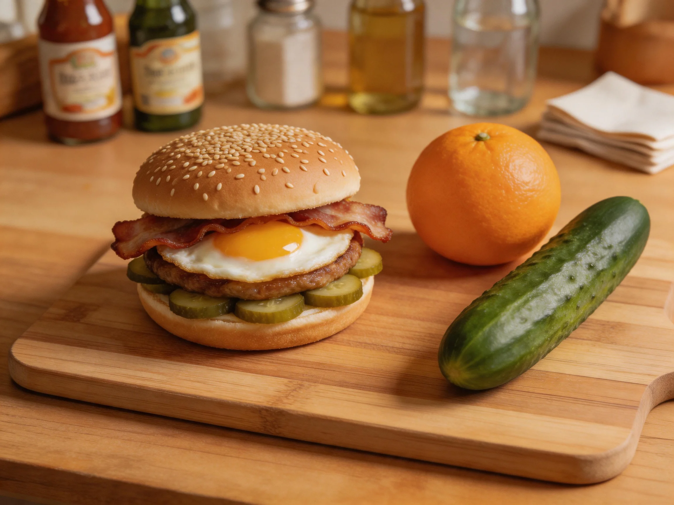 A sesame-topped burger with fried egg, bacon, and pickles beside an orange and cucumber