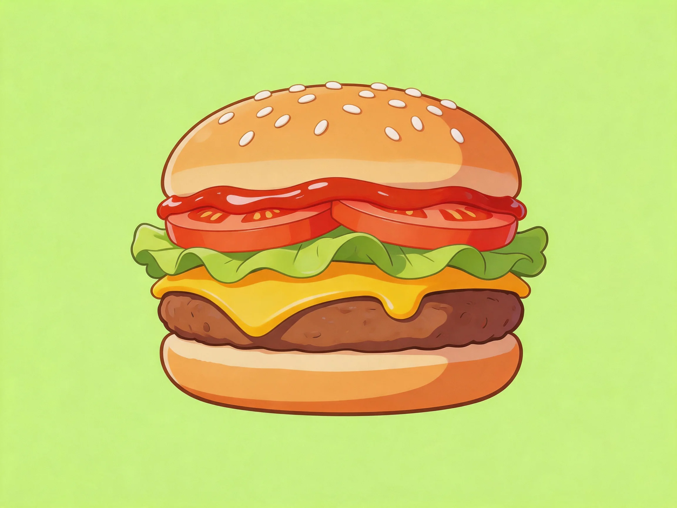 A sesame-topped burger with layered ingredients including tomatoes, lettuce, cheese, and a beef patty
