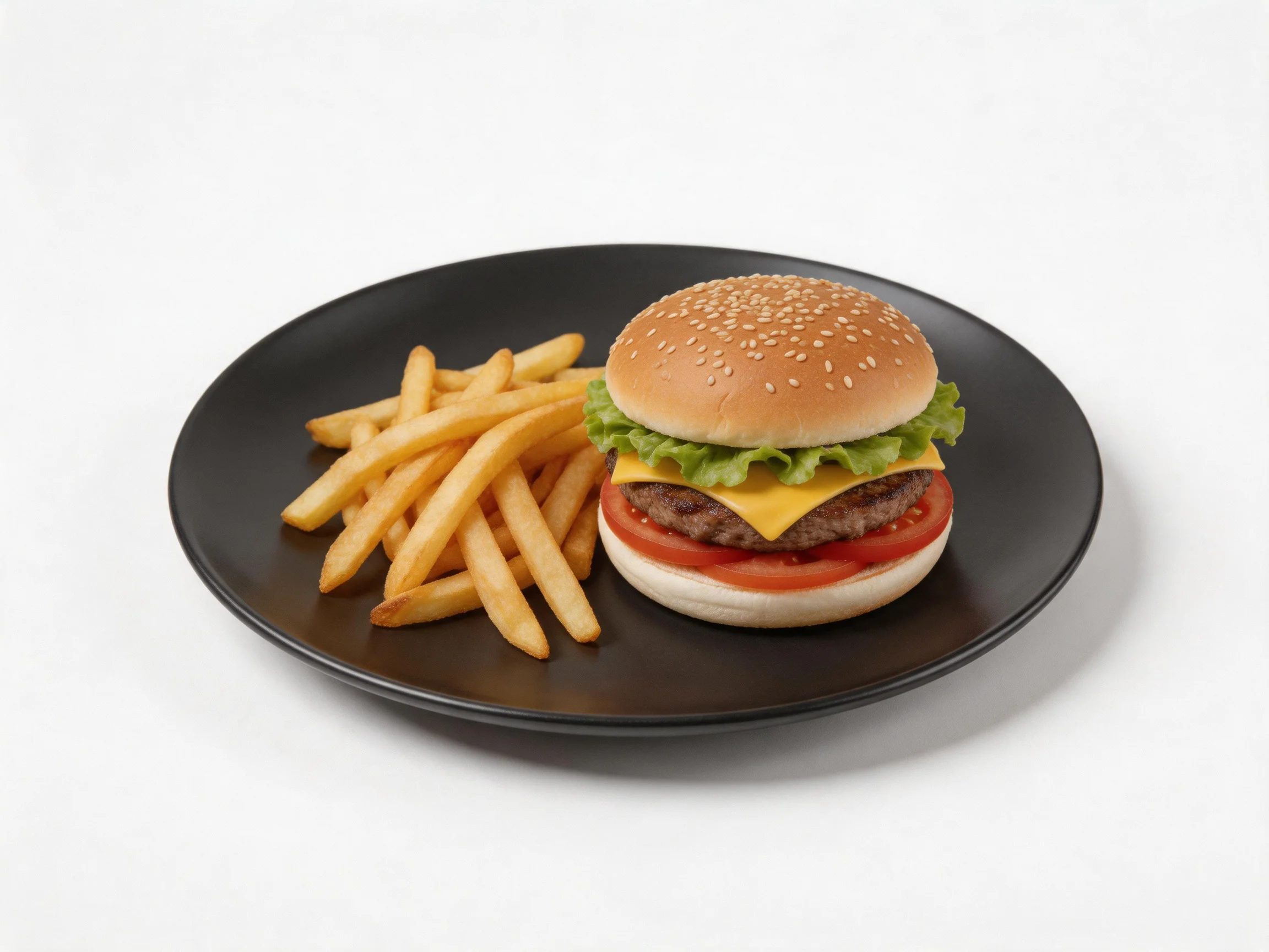 A sesame-topped burger with lettuce, cheese, and tomato beside golden French fries on a black plate