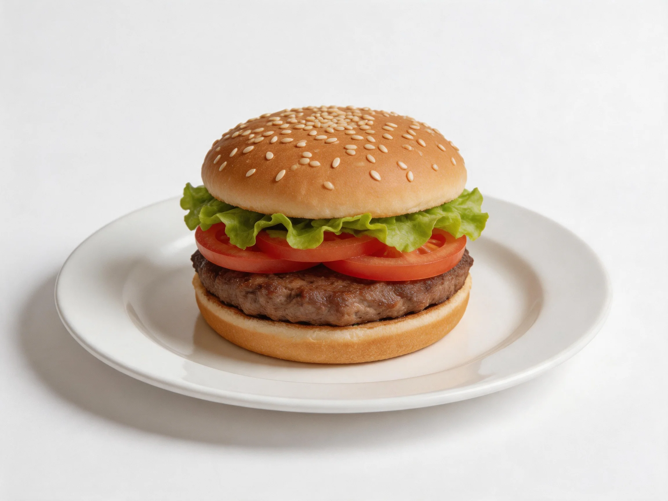 A sesame-topped burger with lettuce, tomato, and beef on a white plate