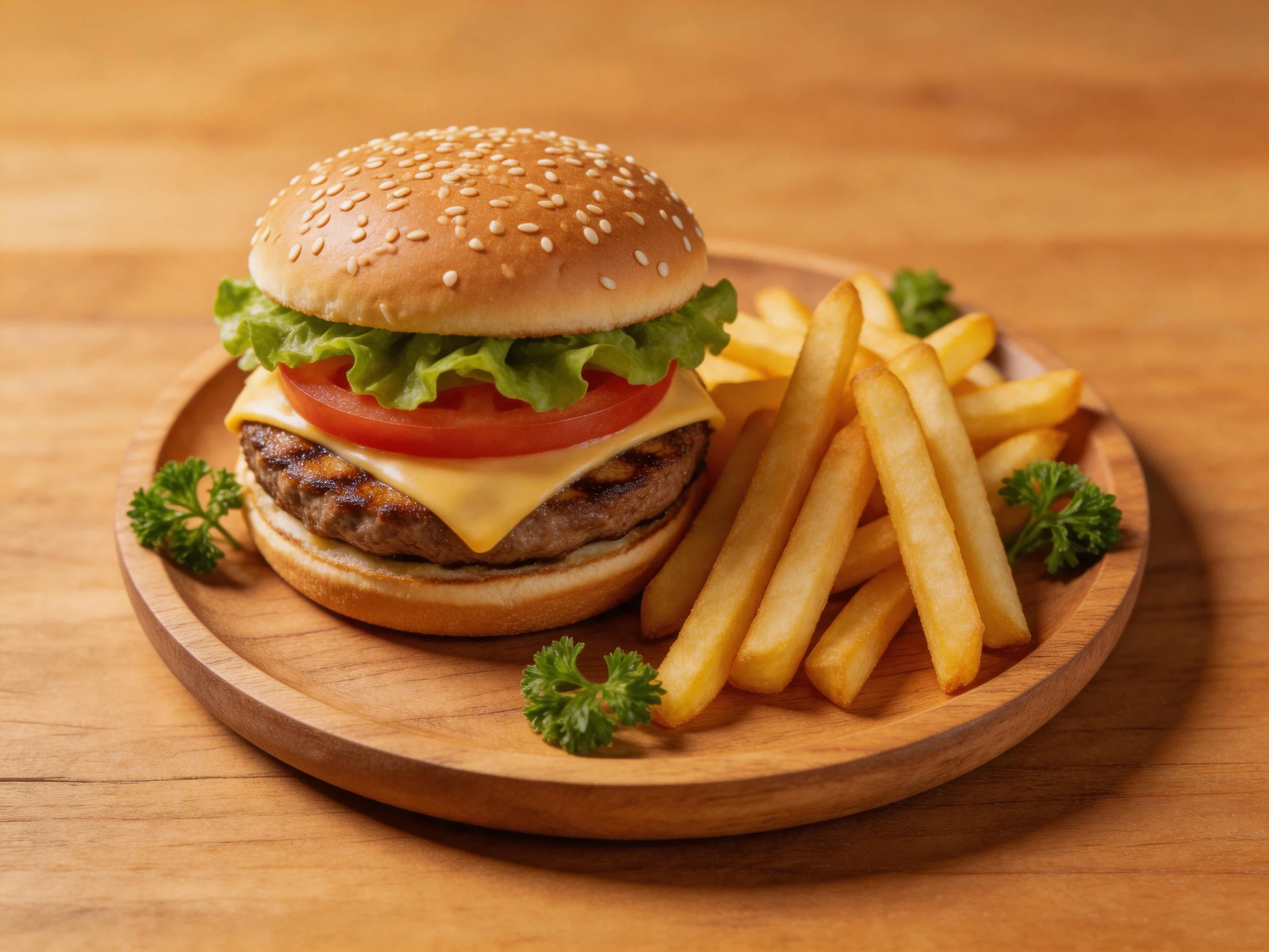 A sesame-topped burger with lettuce, tomato, and cheese next to golden fries on a wooden plate