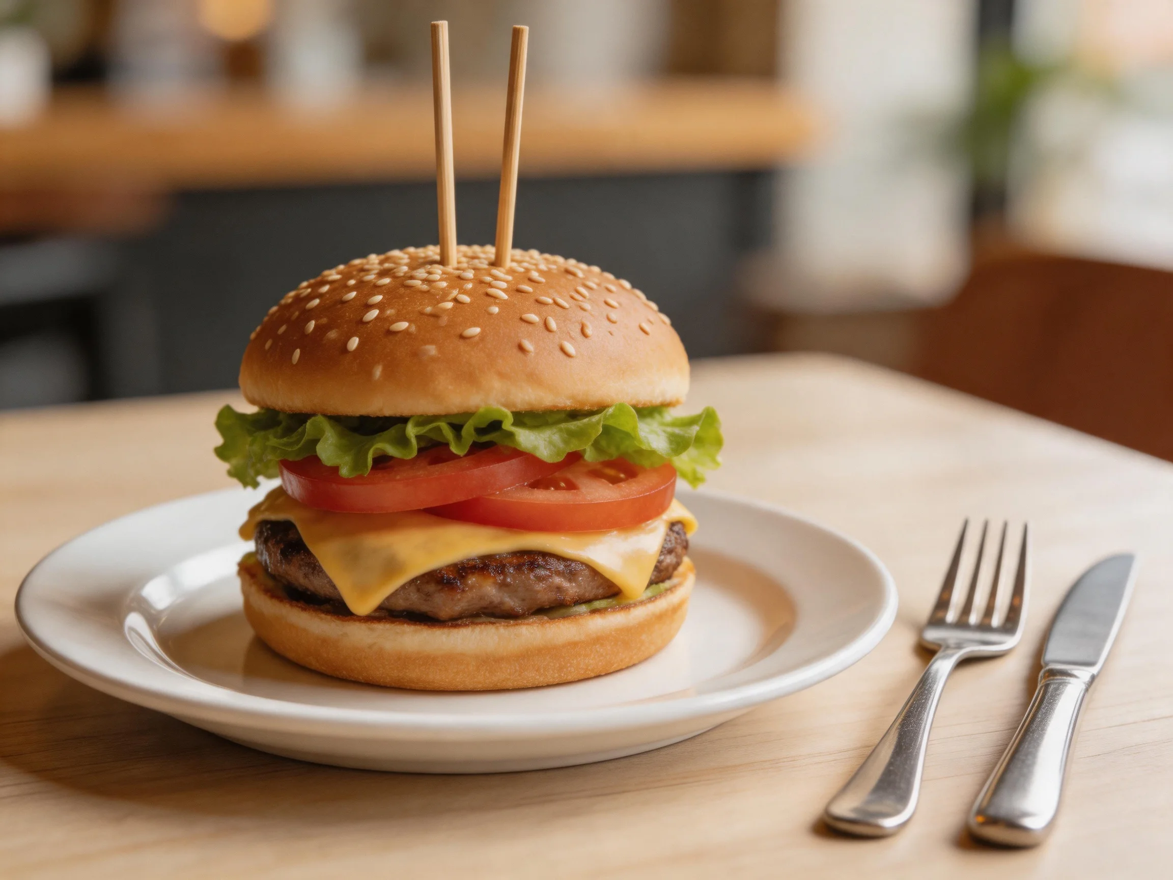 A sesame-topped burger with lettuce, tomato, and cheese on a white plate