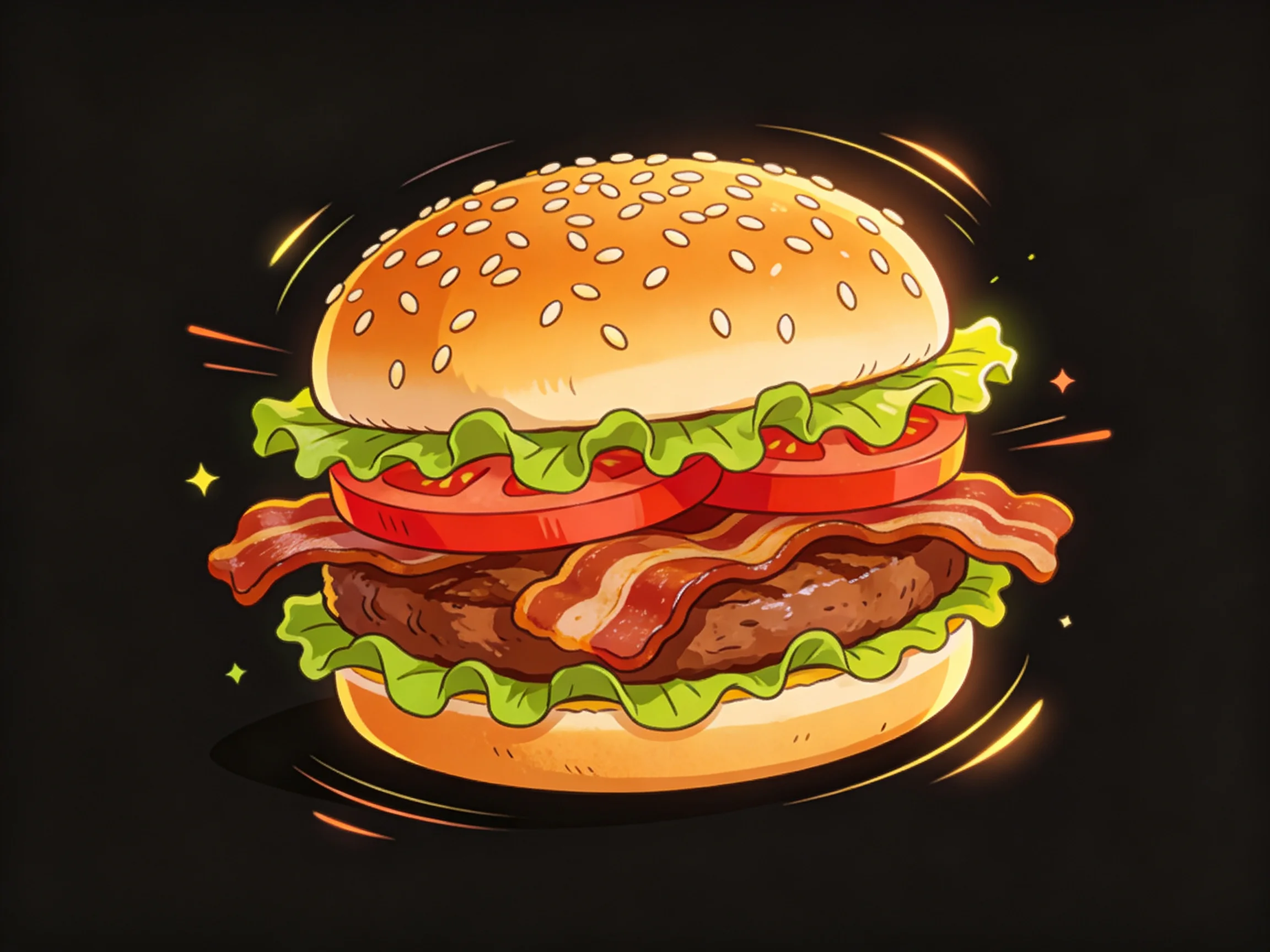 An illustrated burger showcases layered ingredients against a dark background.