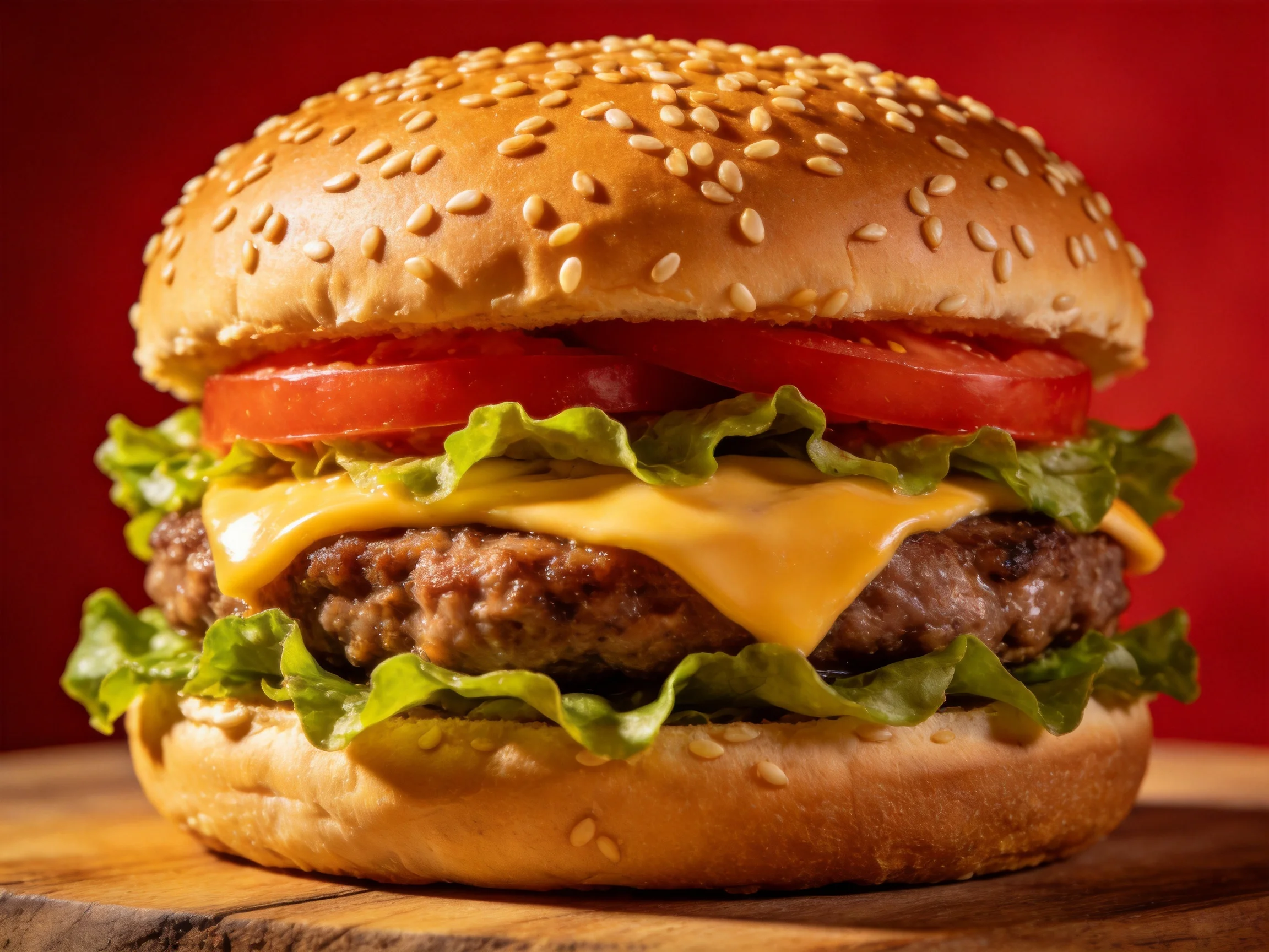 A sesame-topped burger with tomato, lettuce, cheese, and beef patty