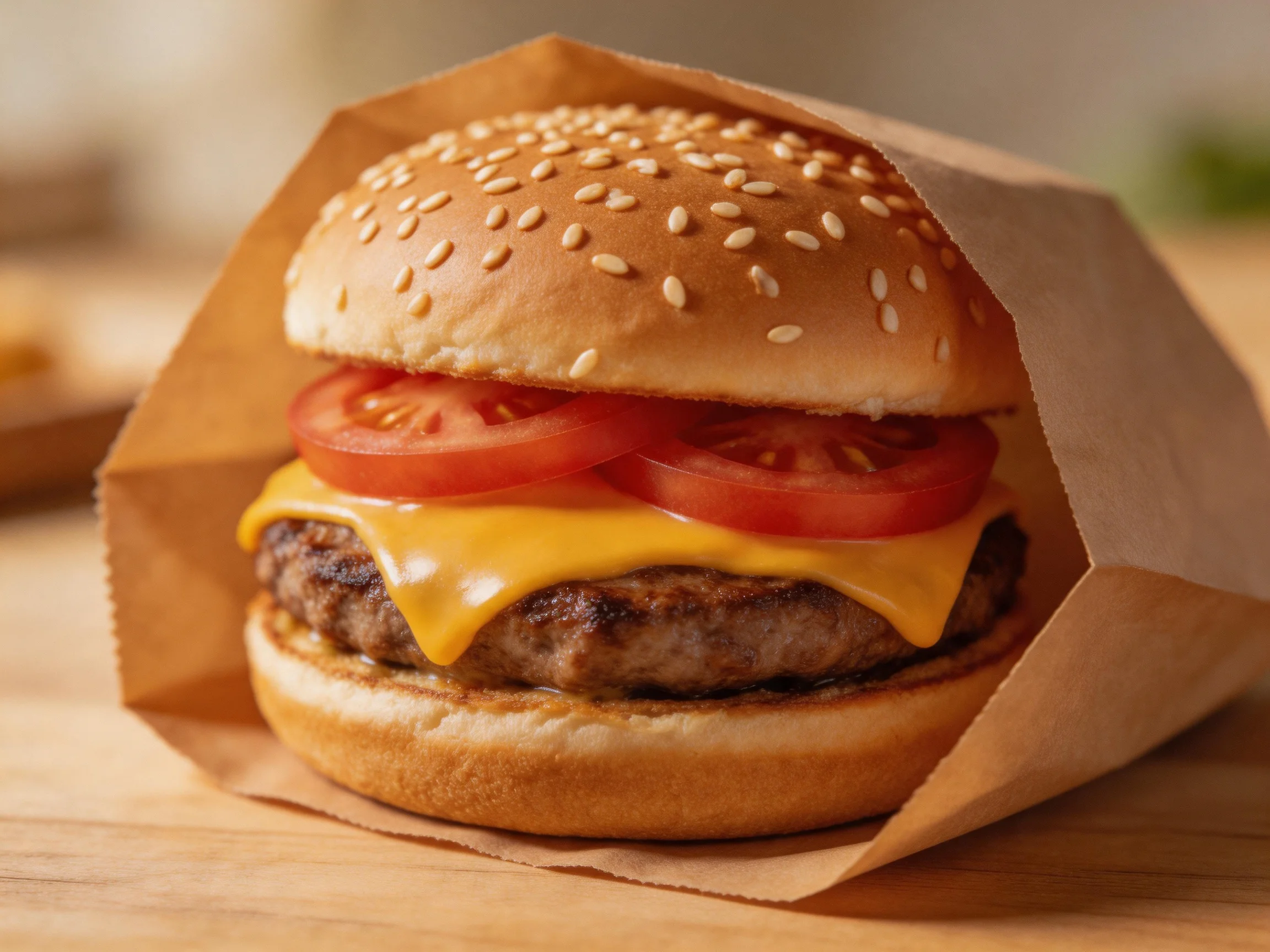A sesame-topped burger with tomato slices, cheese, and beef in a brown paper bag