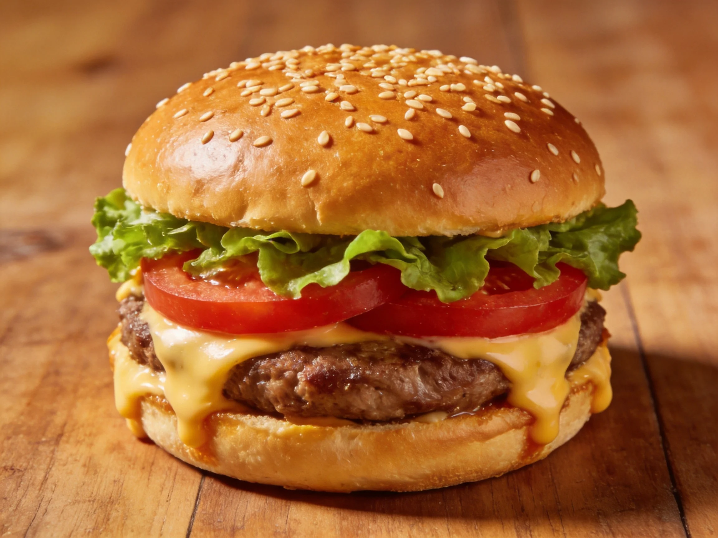 A sesame-topped burger with two beef patties, fresh veggies, and melted cheese