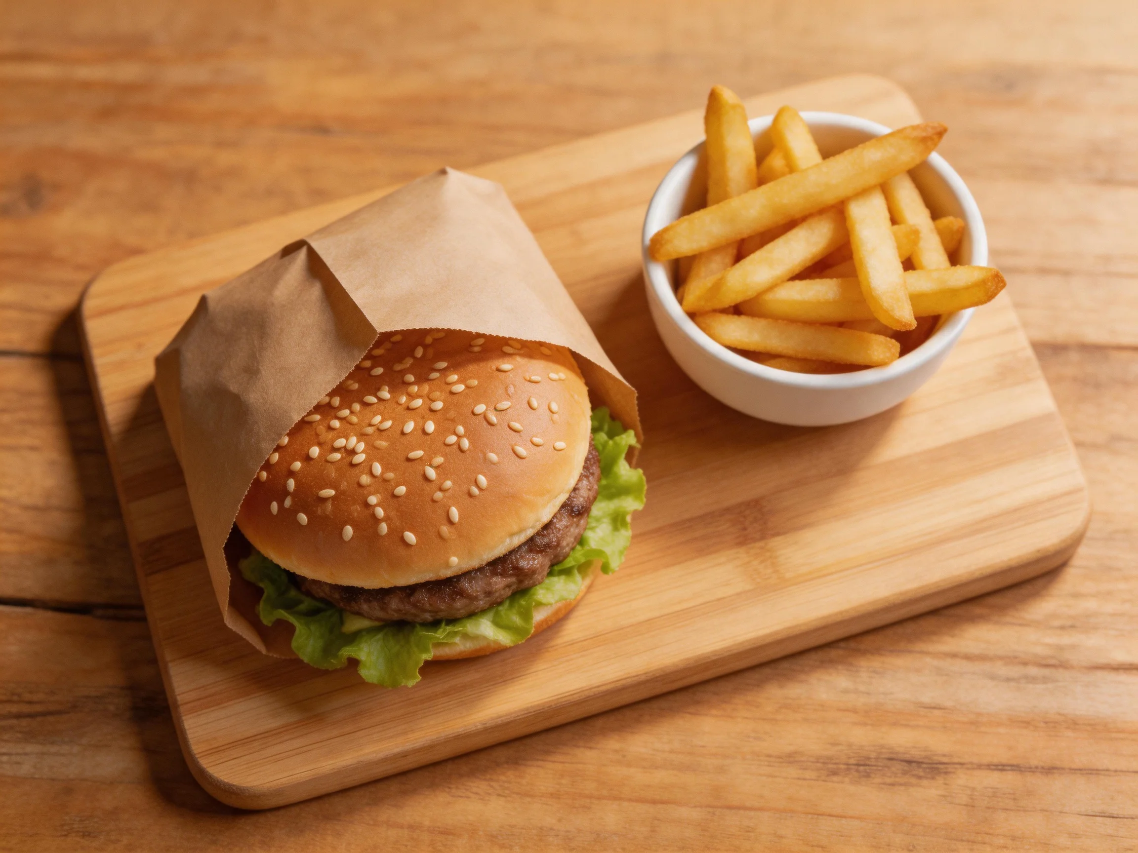 A sesame - topped burger wrapped in brown paper with golden fries on a wooden board