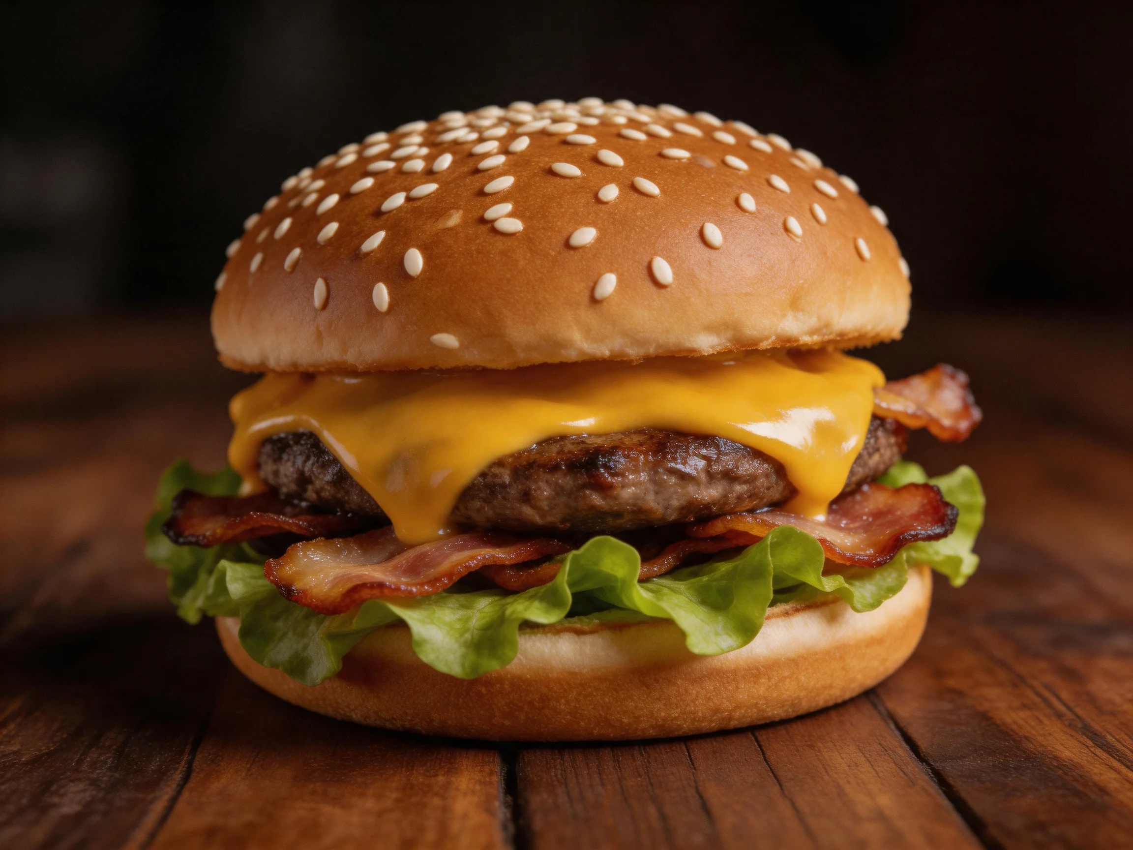 A sesame-topped cheeseburger with crispy bacon and fresh lettuce