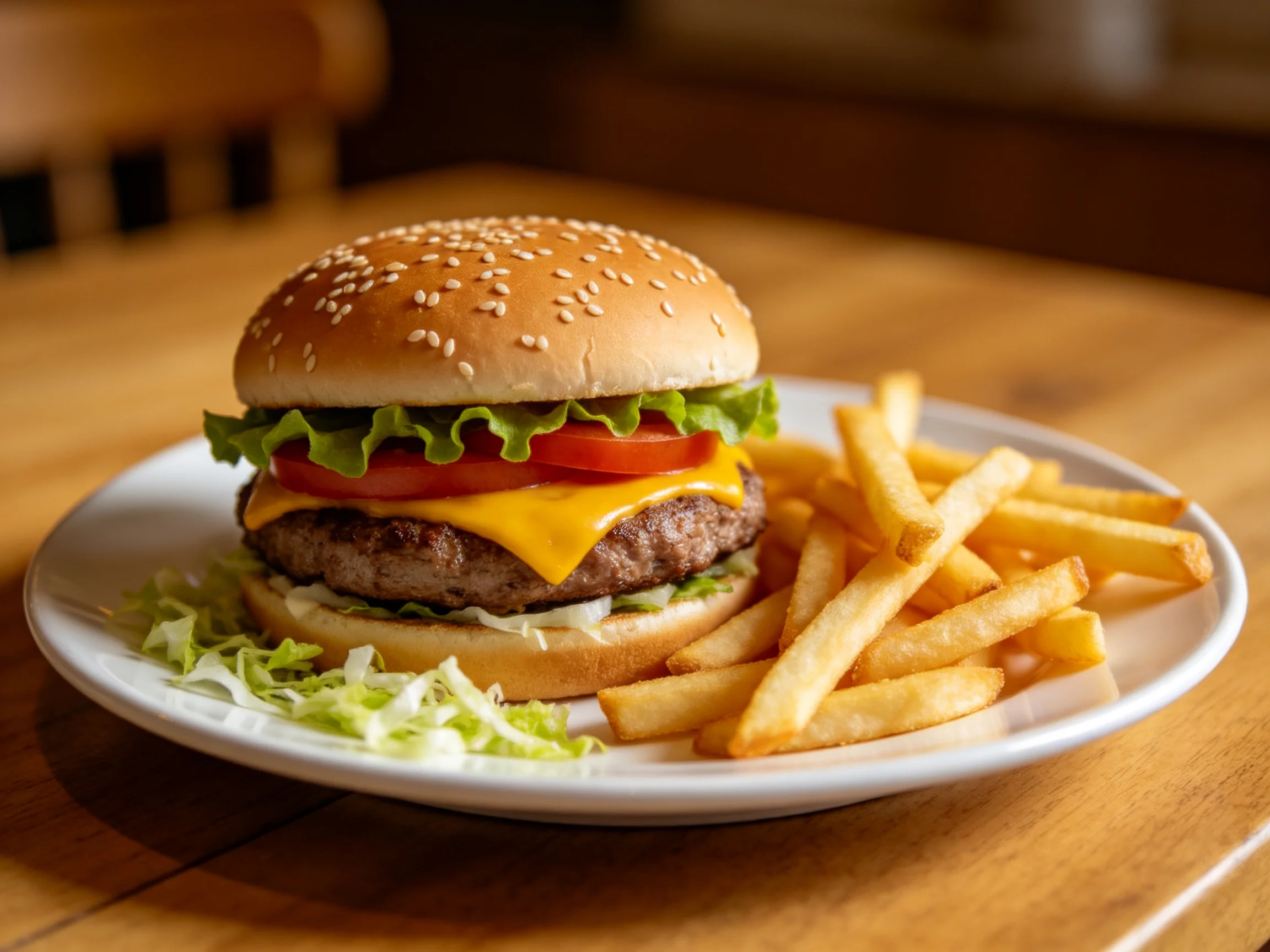 A sesame-topped cheeseburger with crispy fries and shredded lettuce