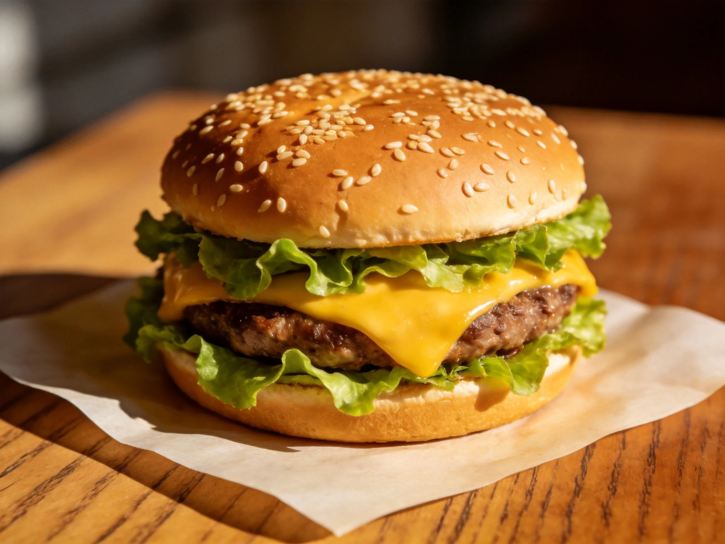 A sesame-topped cheeseburger with fresh lettuce and melted cheddar