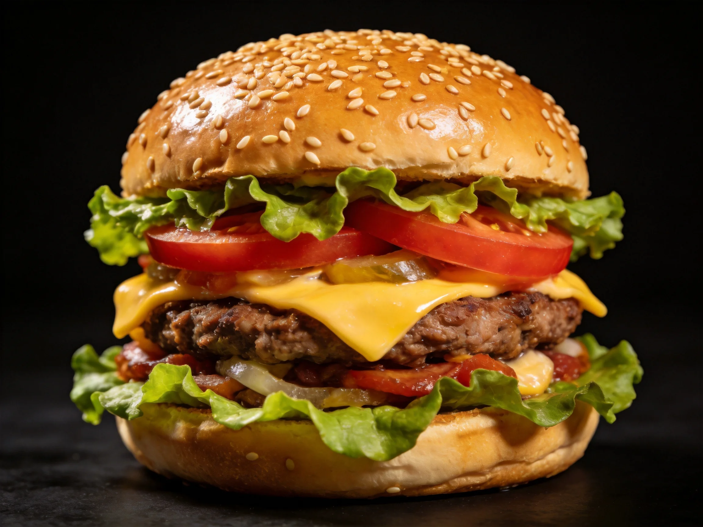 A sesame-topped cheeseburger with fresh veggies and melted cheddar