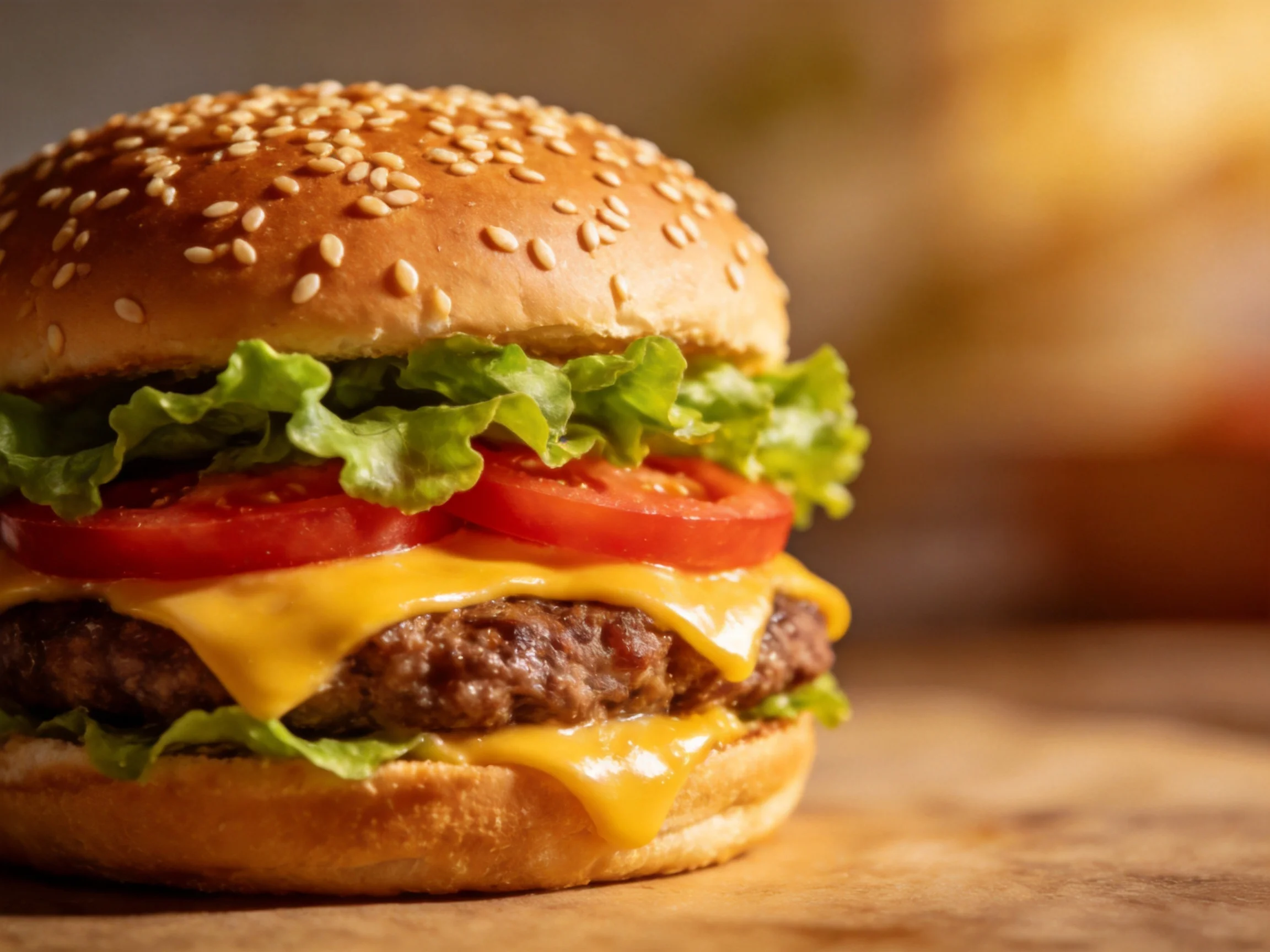 A sesame - topped cheeseburger with fresh veggies and melted cheddar