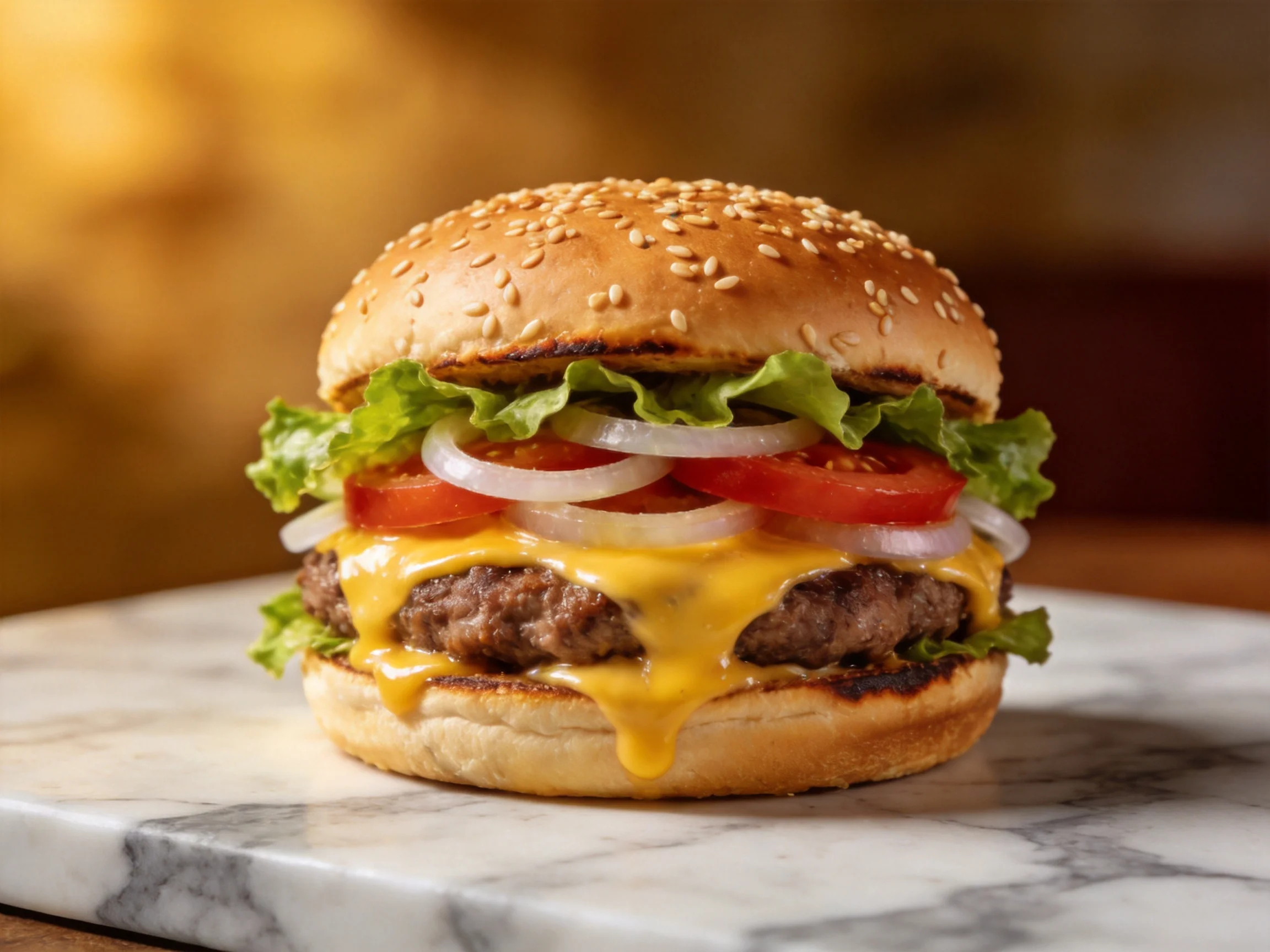 A sesame-topped cheeseburger with fresh veggies on a marble slab