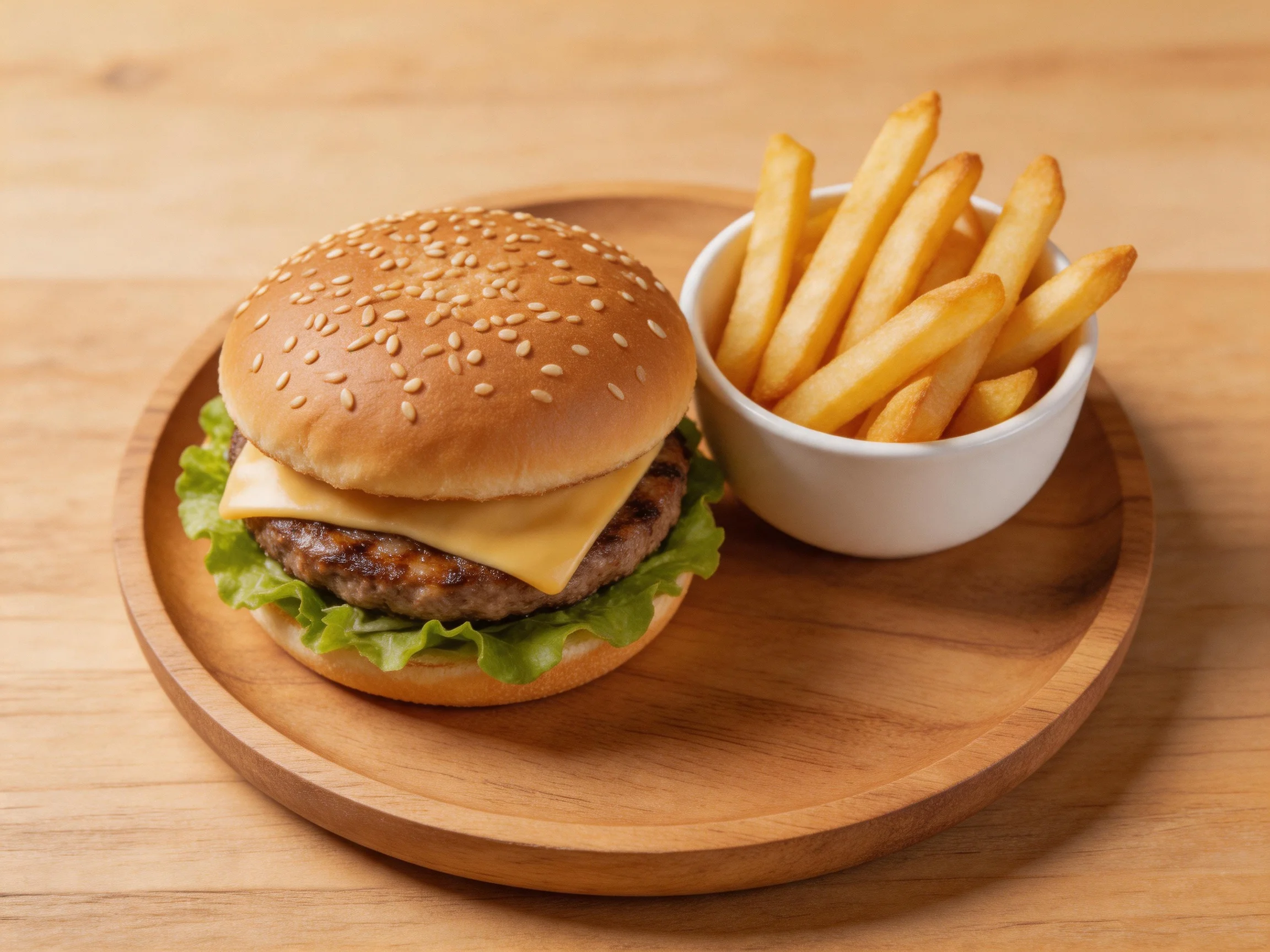 A sesame-topped cheeseburger with golden fries on a wooden platter