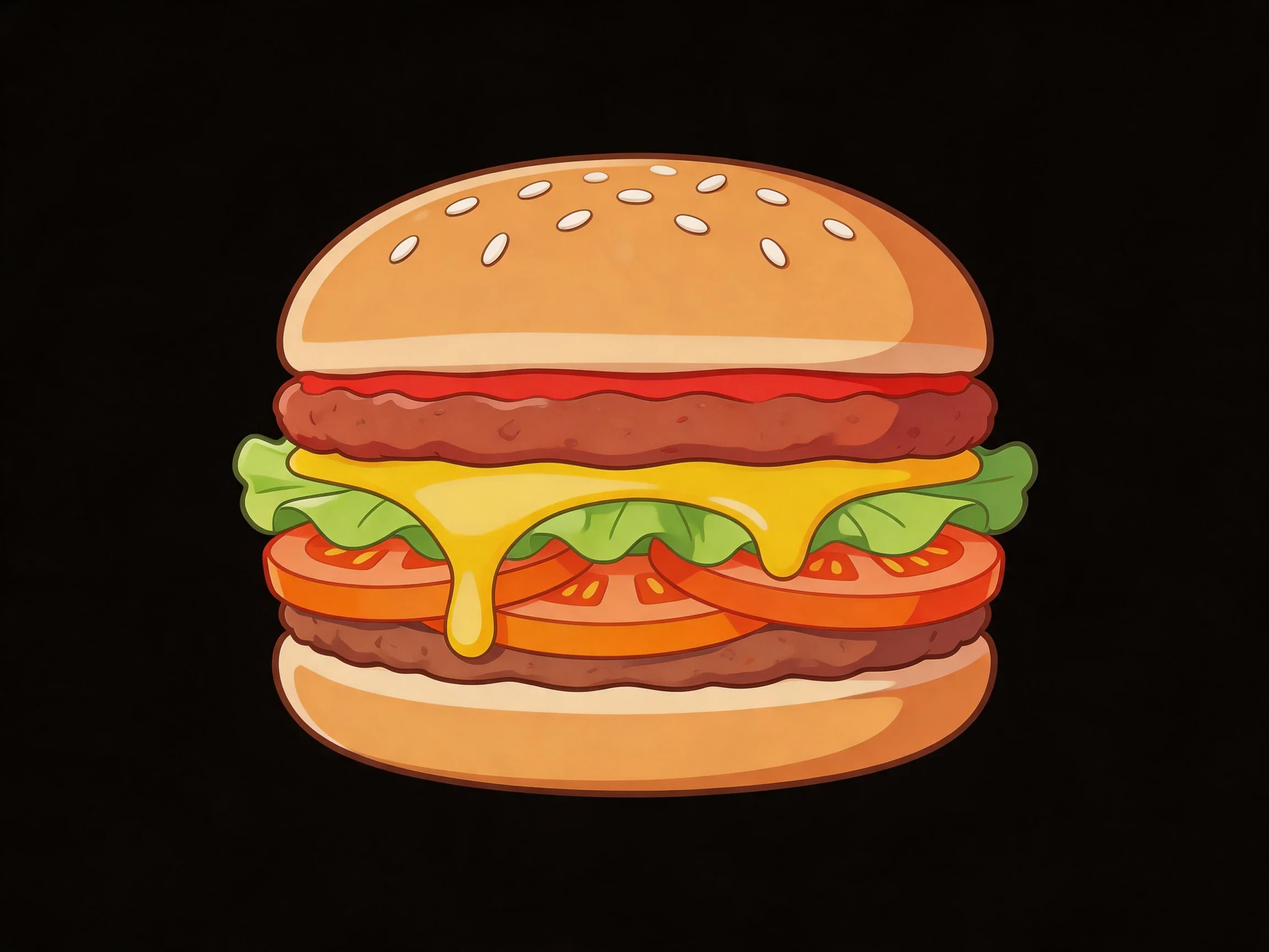 A sesame-topped cheeseburger with layered ingredients including tomatoes and lettuce