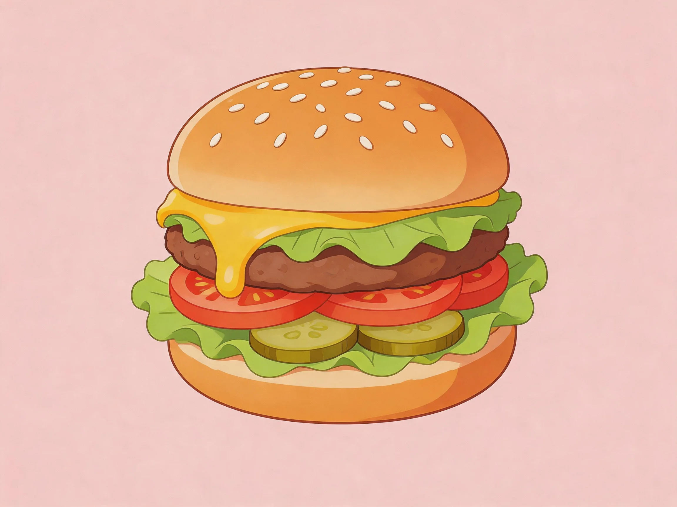 A sesame-topped cheeseburger with layers of lettuce, tomato, pickle, and beef