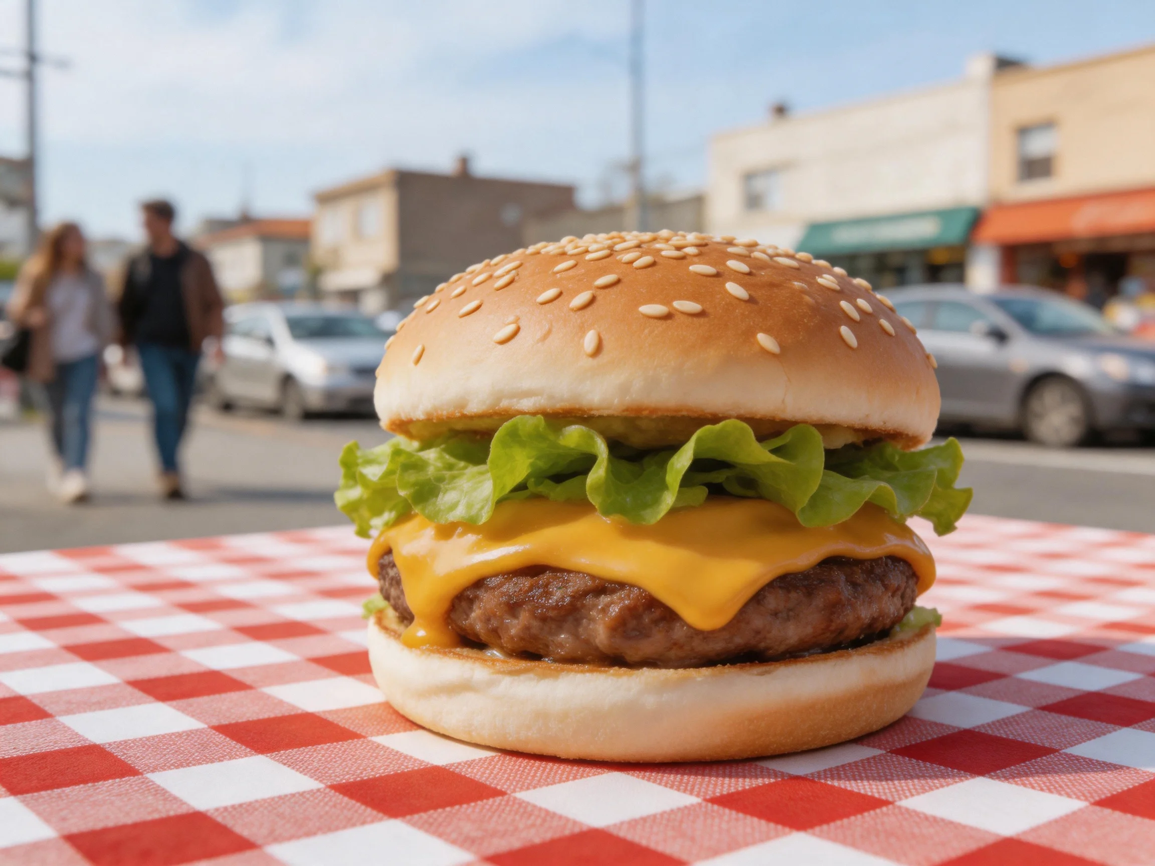 A sesame-topped cheeseburger with lettuce and cheese on a red-and-white checkered table outdoors