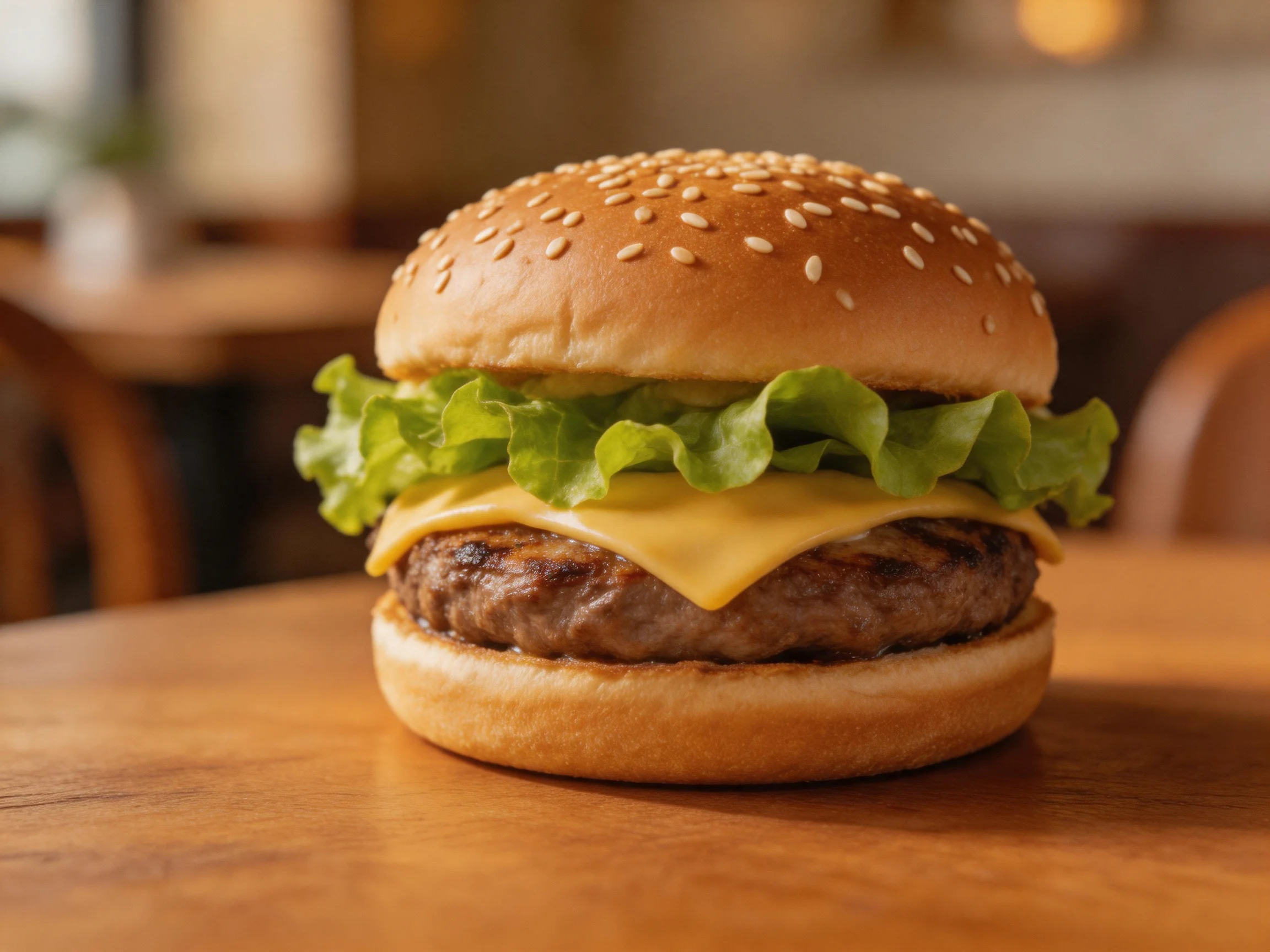 A sesame-topped cheeseburger with lettuce, cheese, and beef patty