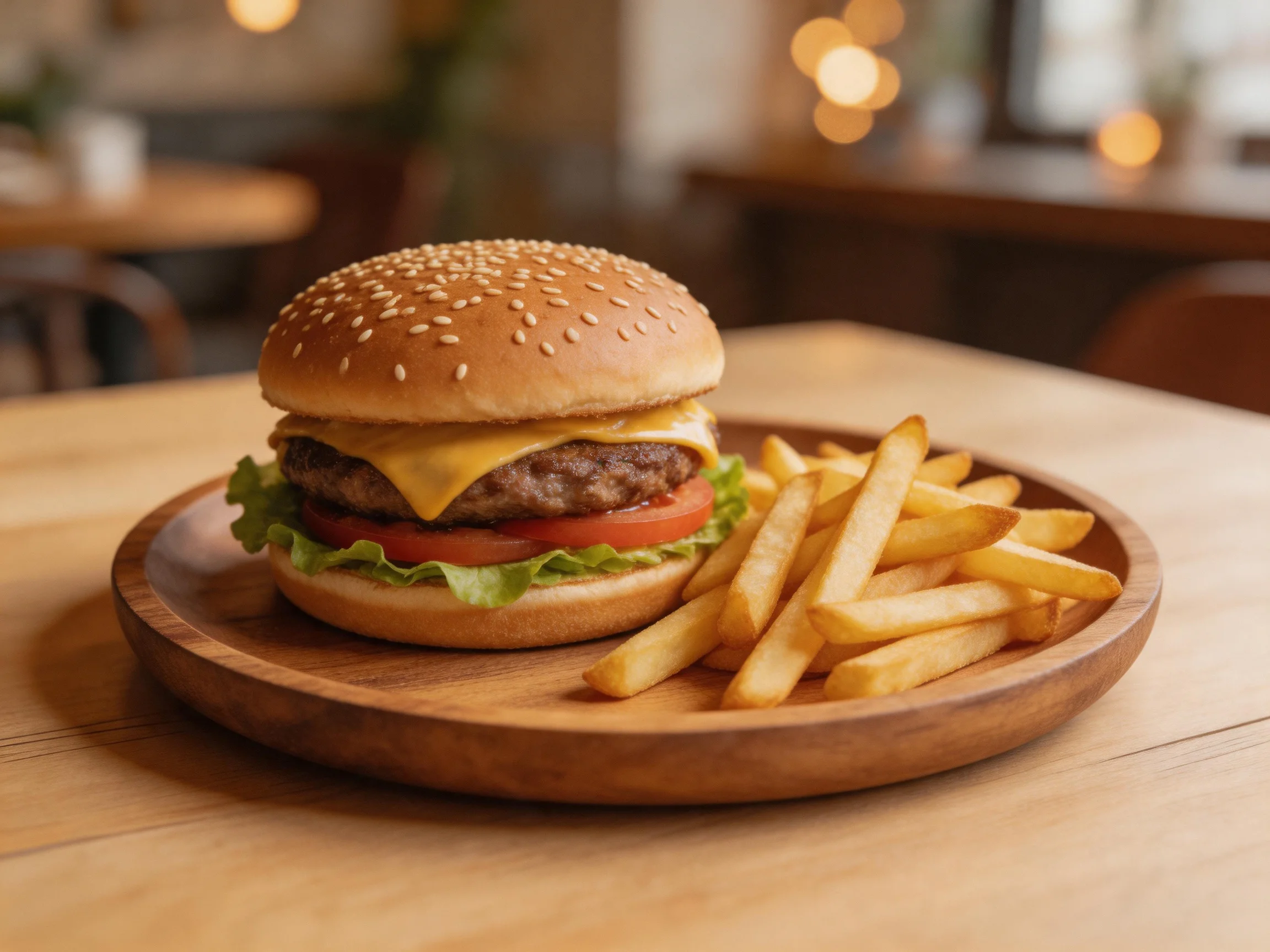 A sesame-topped cheeseburger with lettuce, tomato, and French fries on a wooden plate
