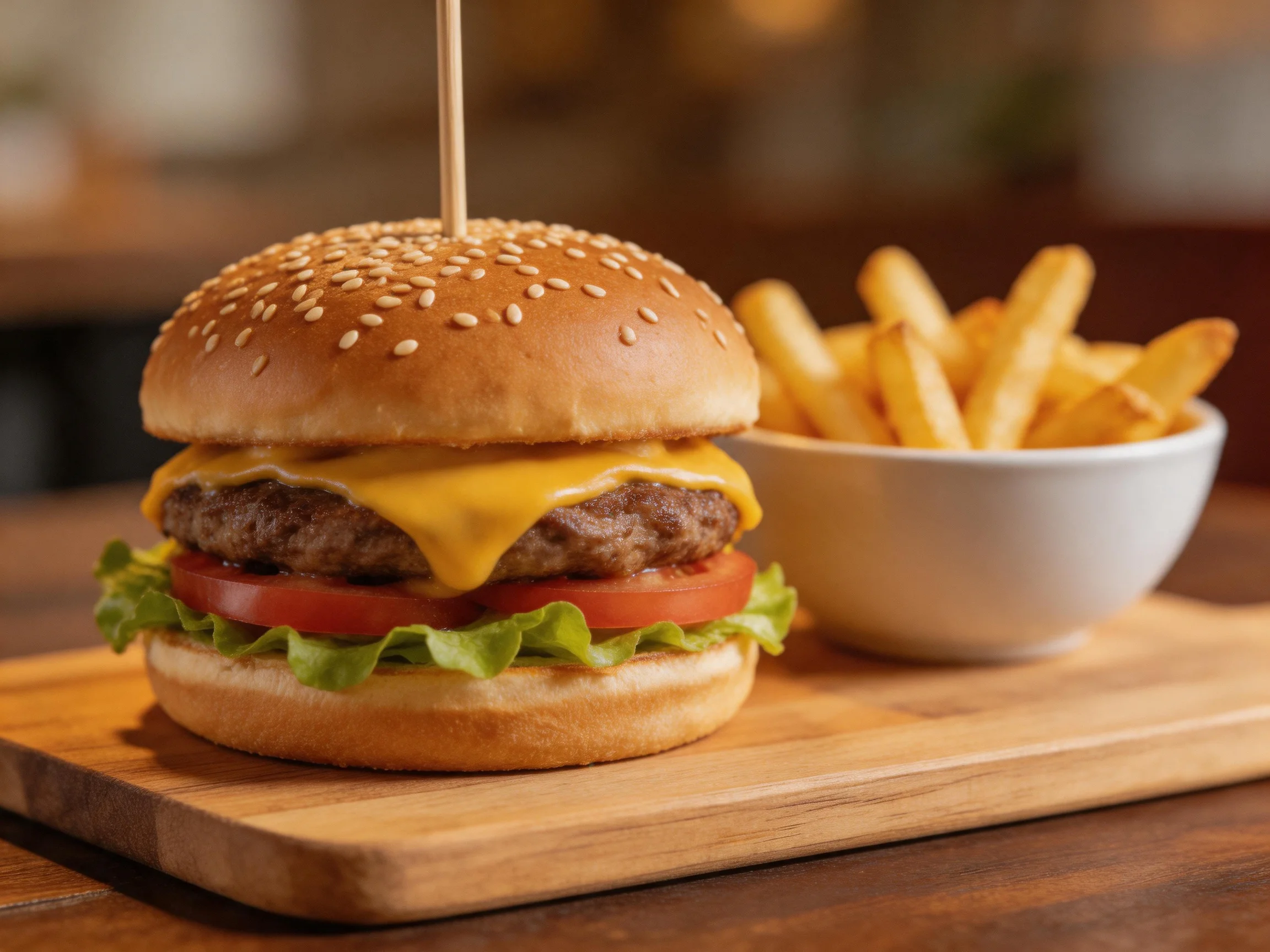 A sesame-topped cheeseburger with lettuce, tomato, and a bowl of fries