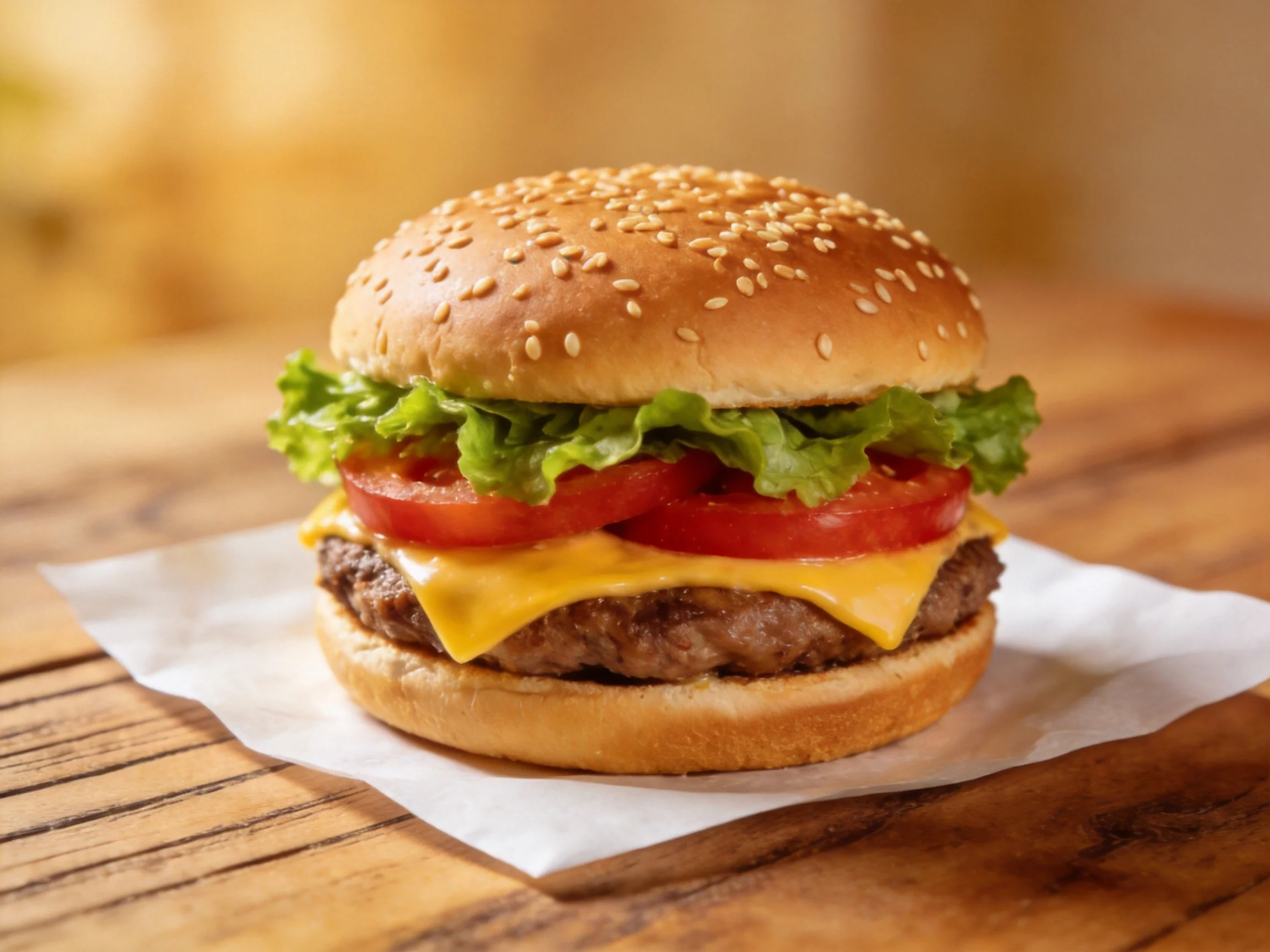 A sesame-topped cheeseburger with lettuce, tomato, and cheese