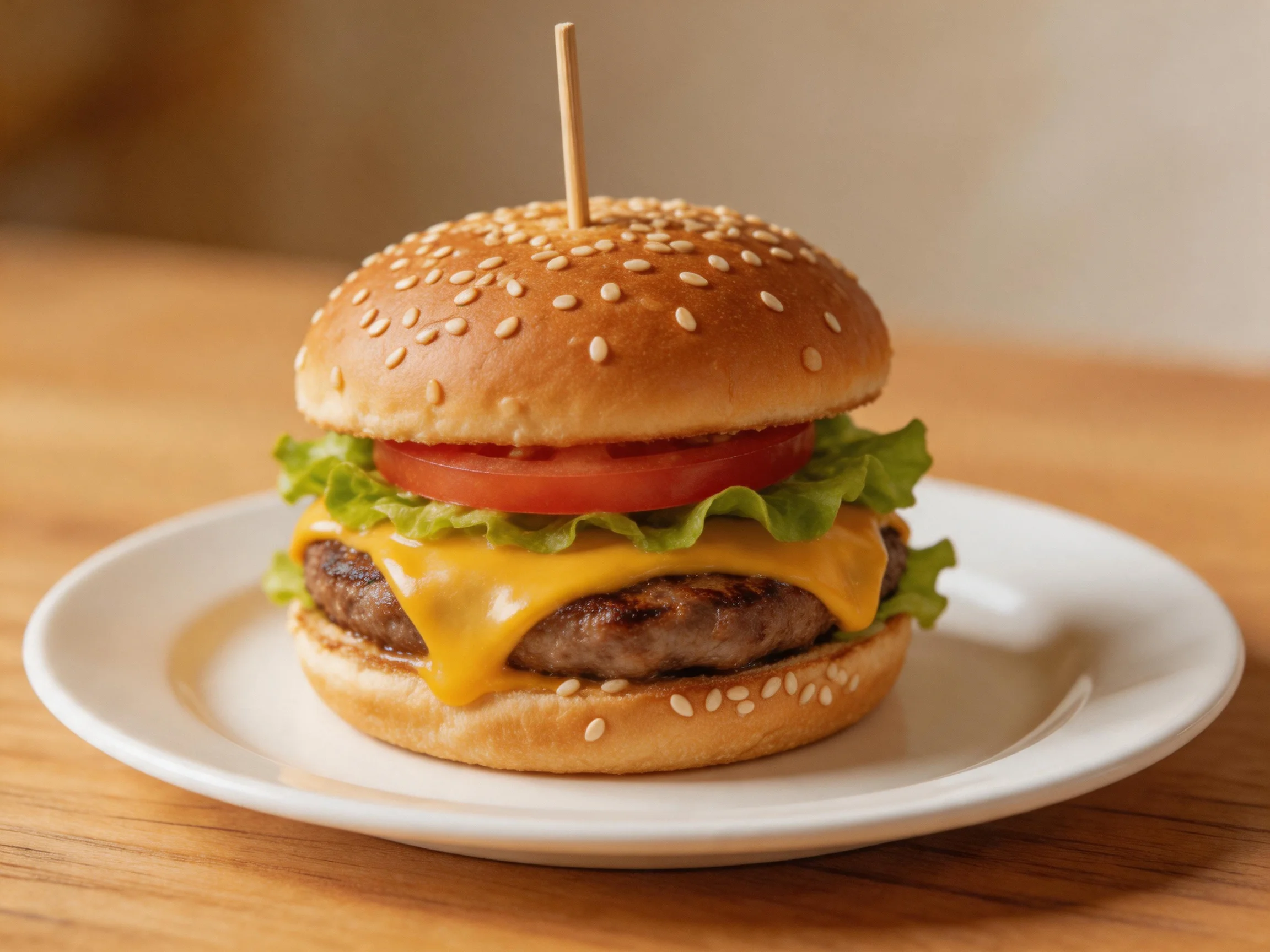 A sesame-topped cheeseburger with lettuce, tomato, and cheese