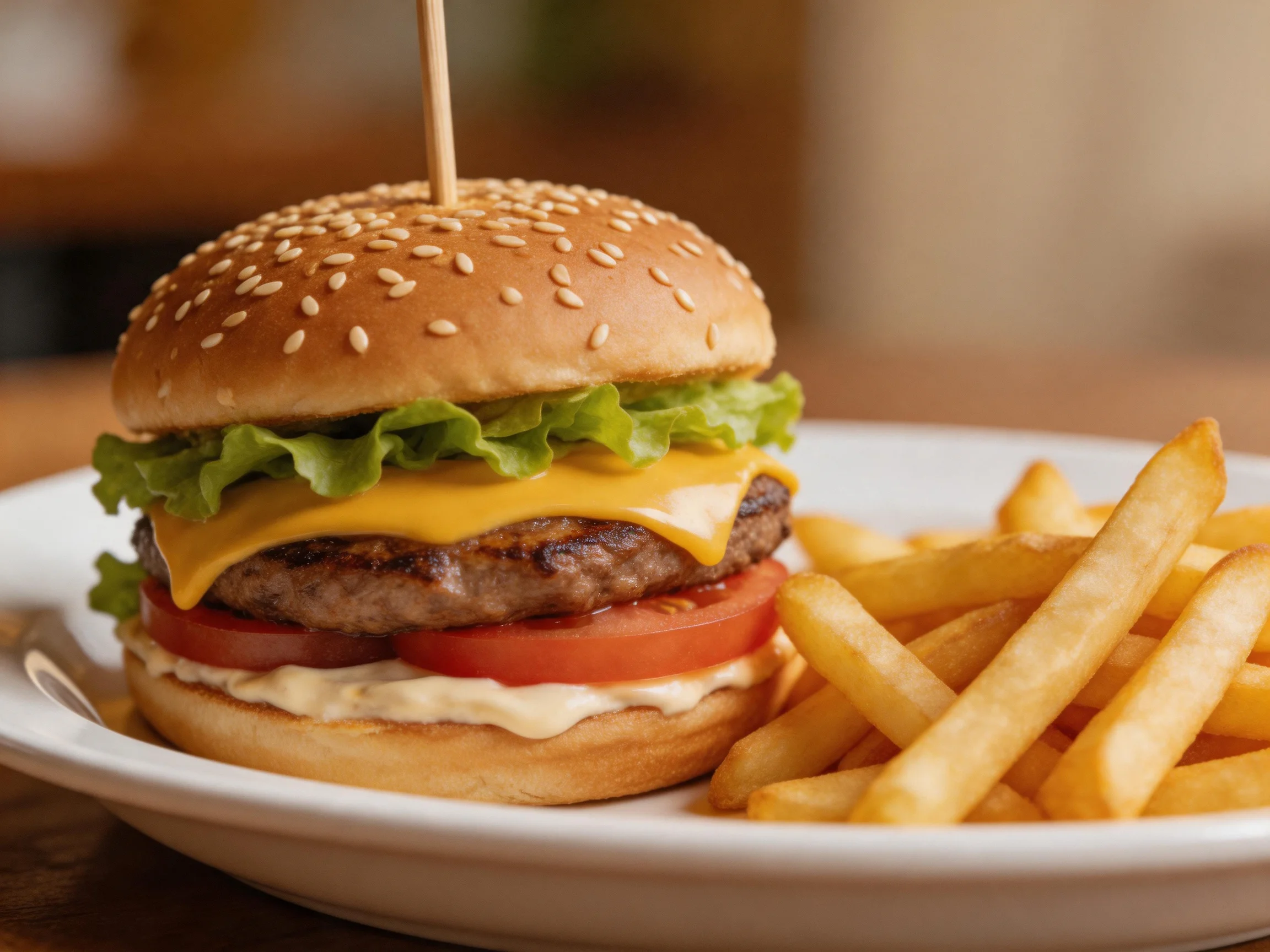 A sesame-topped cheeseburger with lettuce, tomato, and golden fries