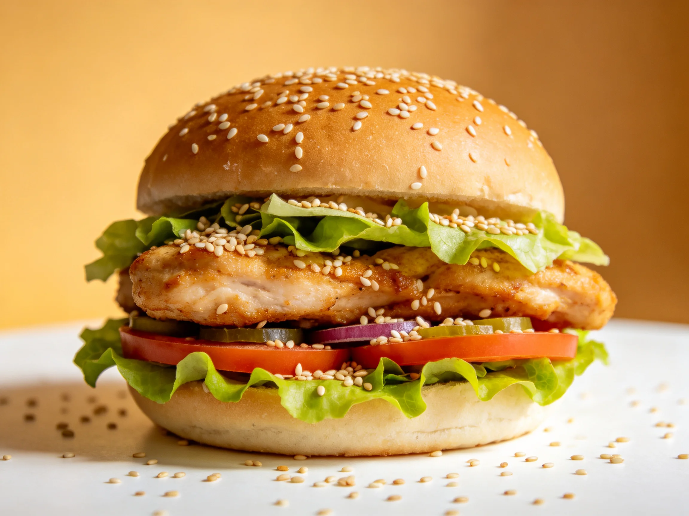 A sesame-topped chicken burger with fresh veggies and red onions