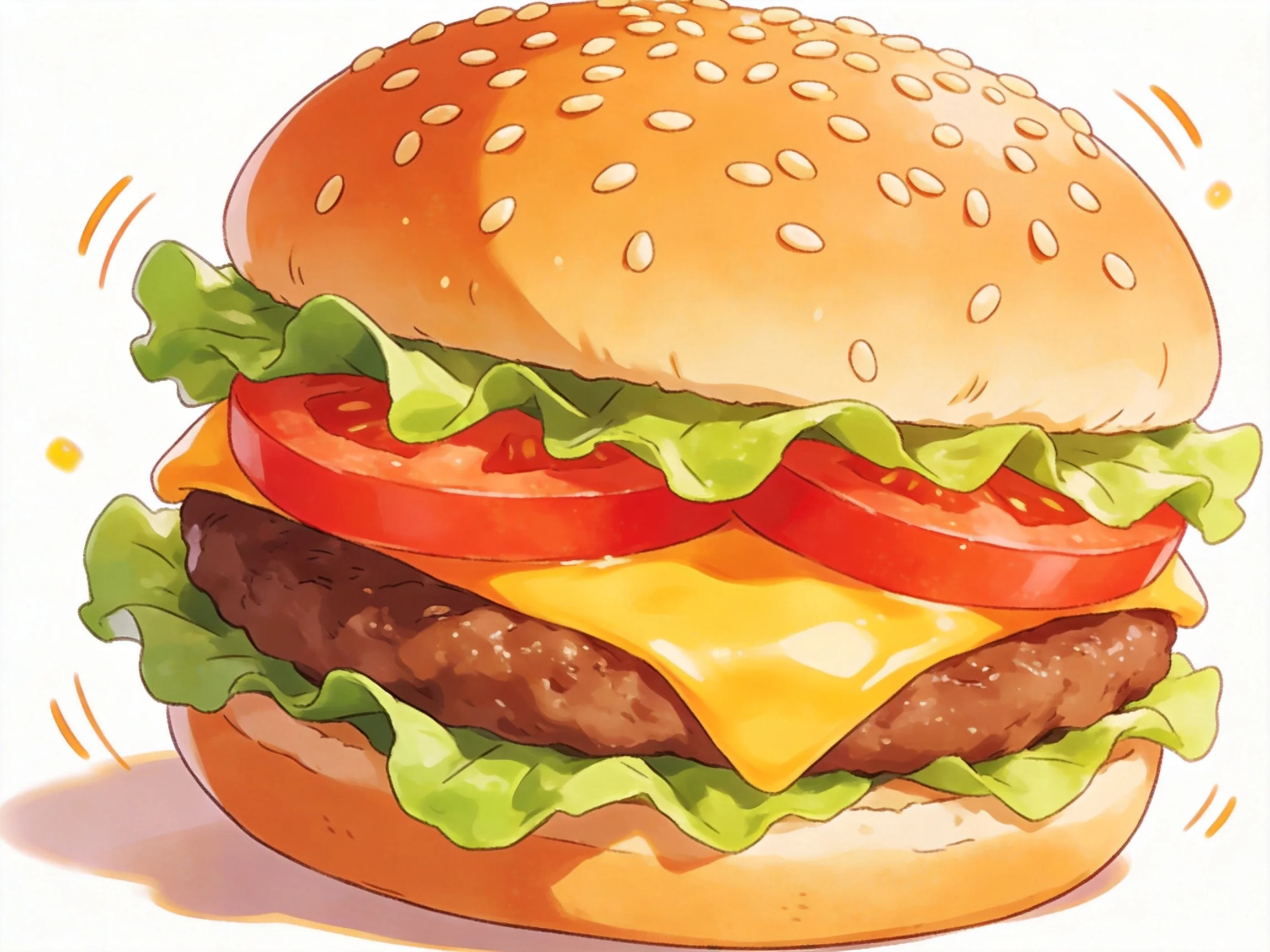 A sesame-topped hamburger with fresh lettuce, tomato, cheese, and beef patty