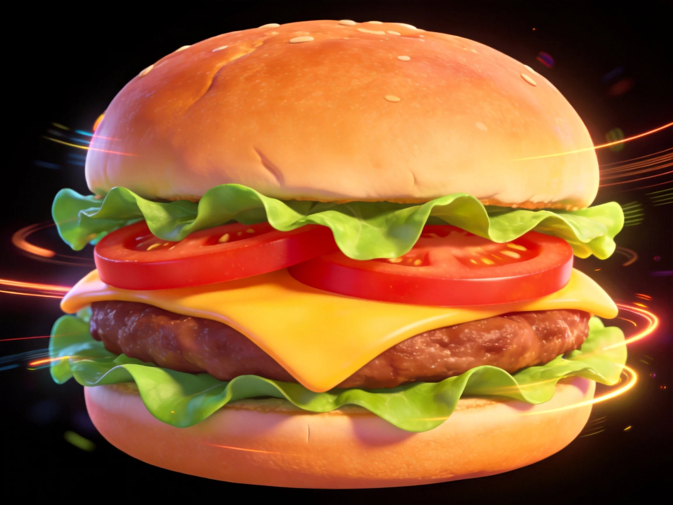 A sesame-topped hamburger with fresh lettuce, tomato slices, melted cheese, and a beef patty