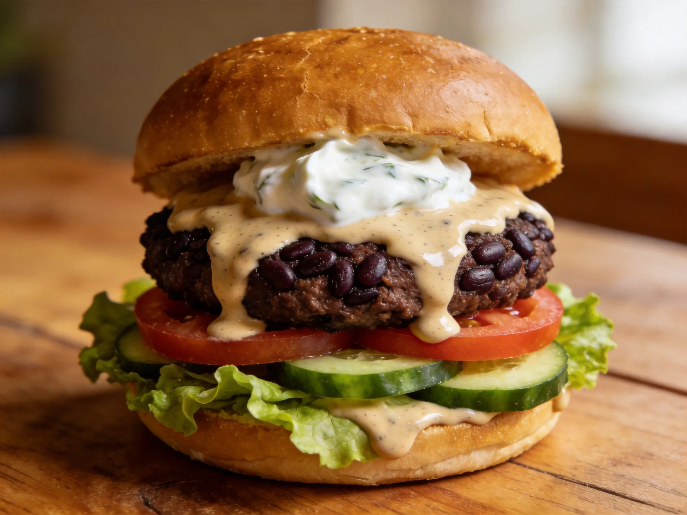 A veggie burger layered with fresh vegetables, black beans, and creamy dressings.