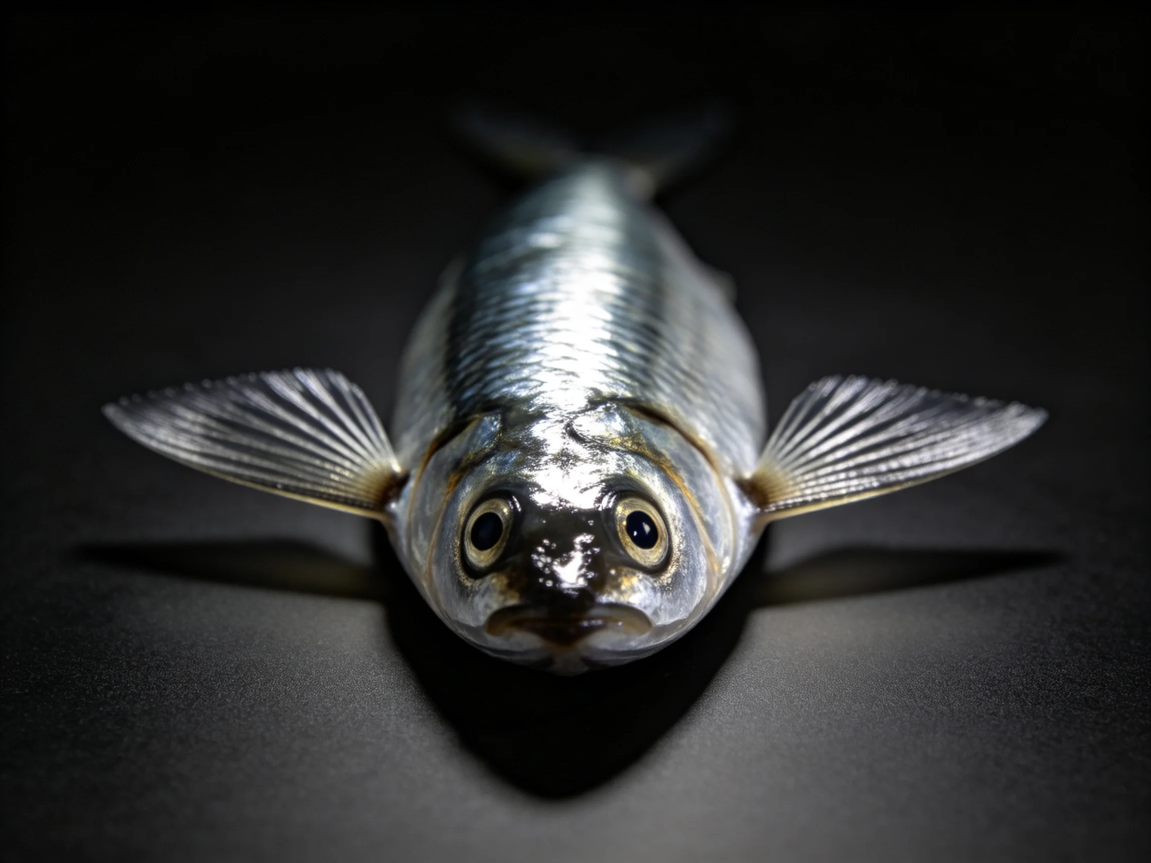 A silver fish with large eyes on a dark surface