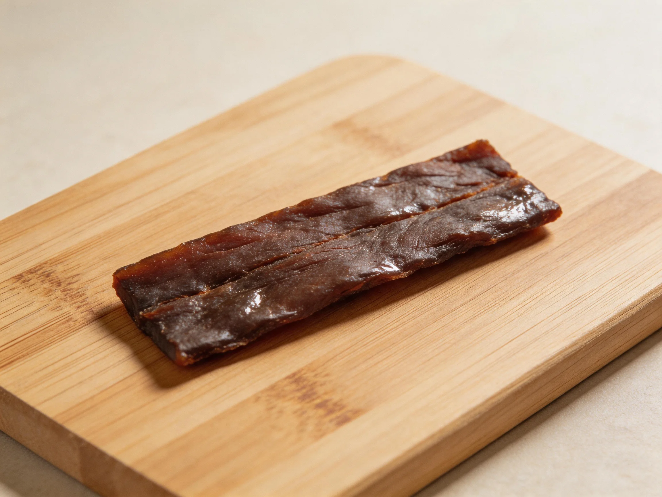 A single dark brown meat strip sits atop a light bamboo cutting board