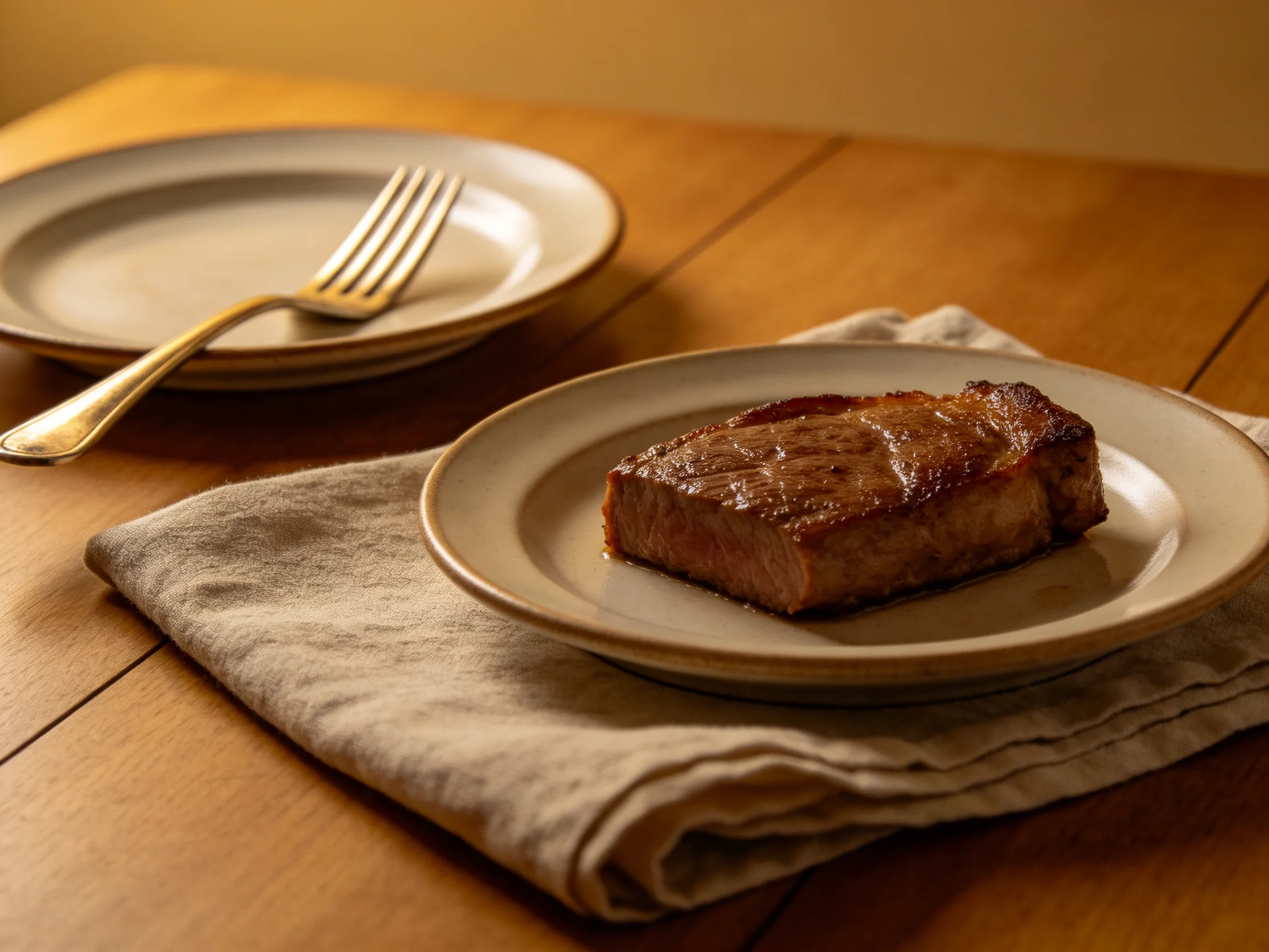 A single grilled steak served on a beige plate atop a folded linen napkin