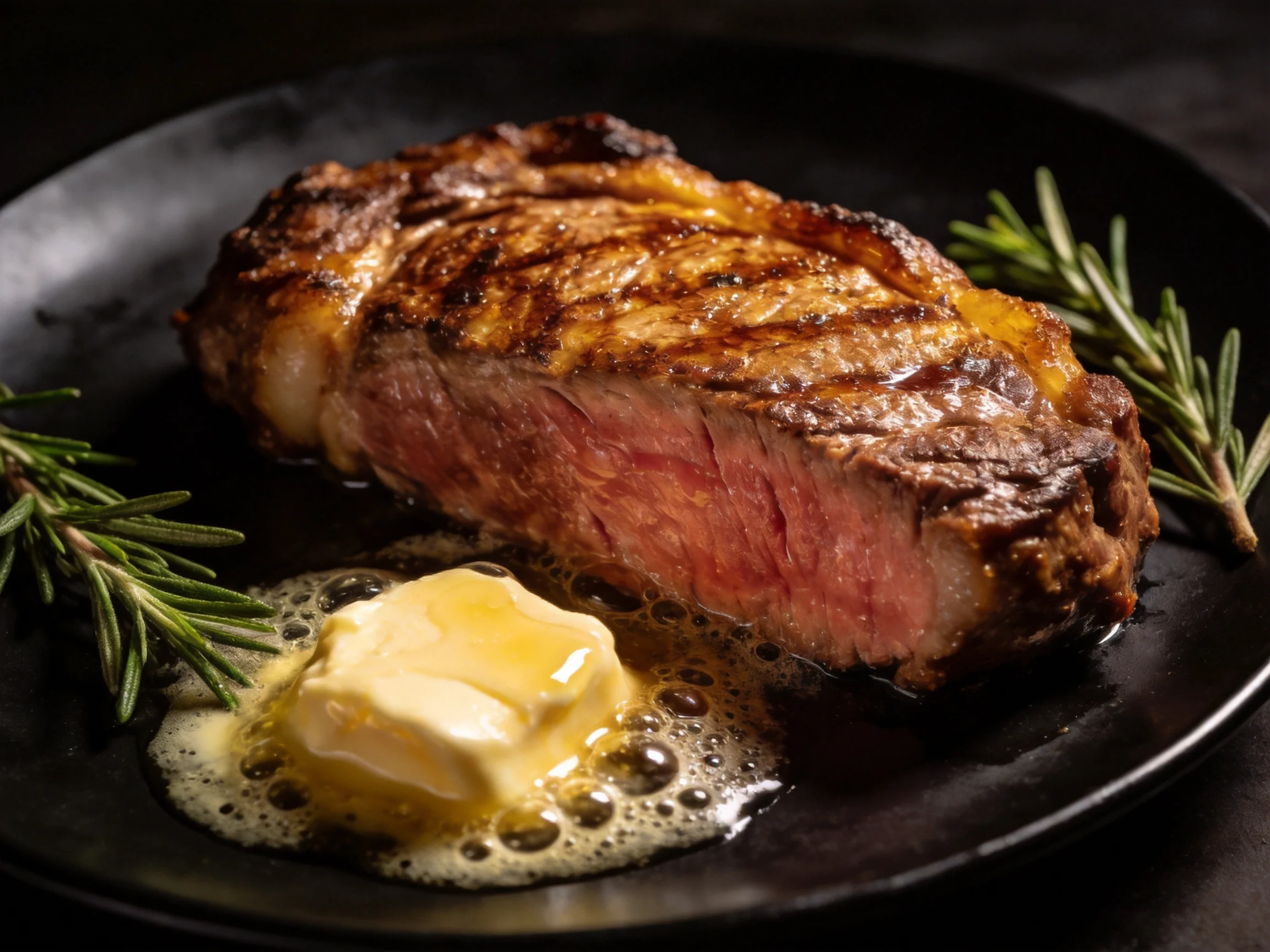 A single grilled steak with melting butter and fresh rosemary on a dark plate