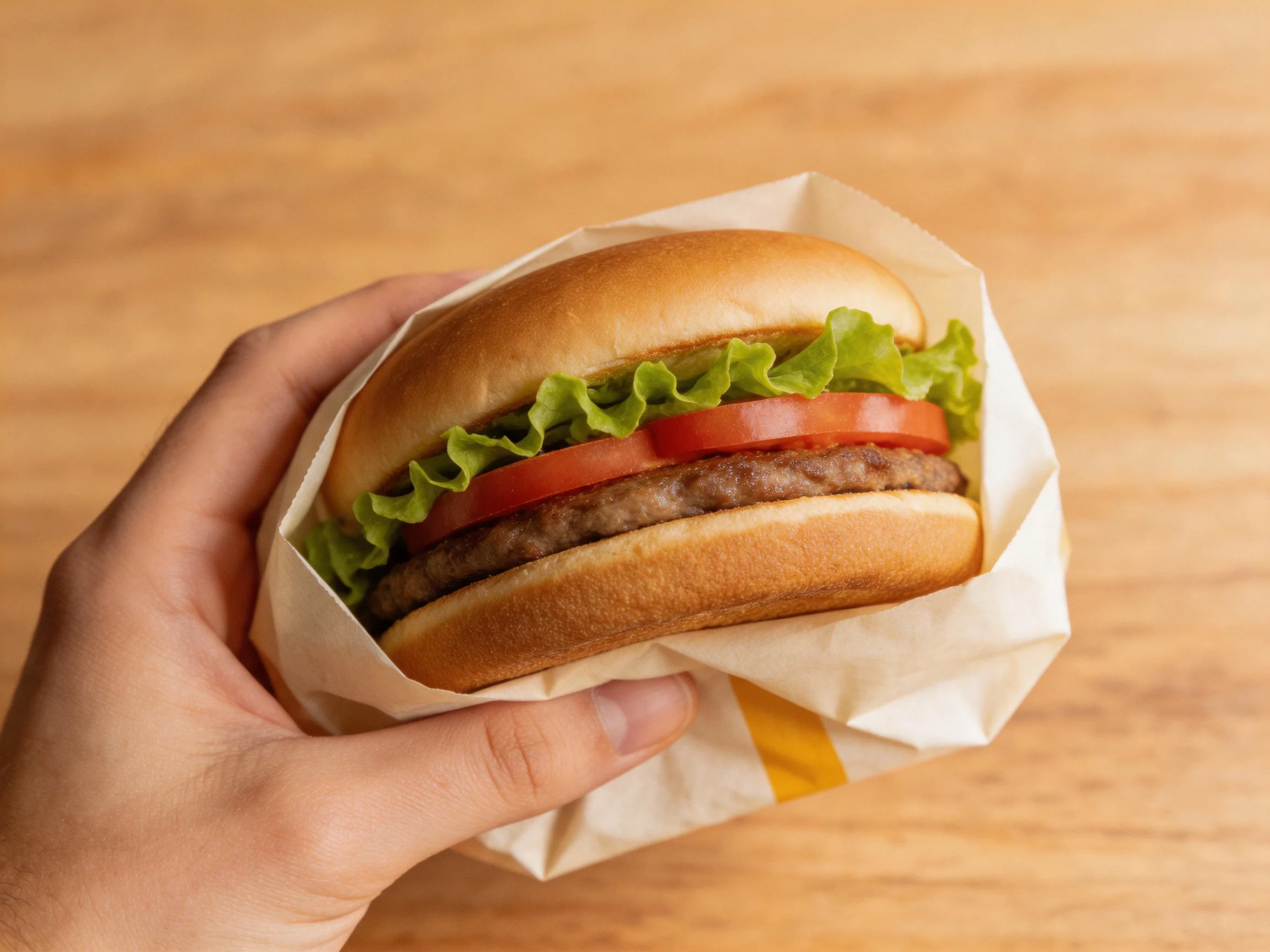 A single hamburger with lettuce, tomato, and beef patty wrapped in paper