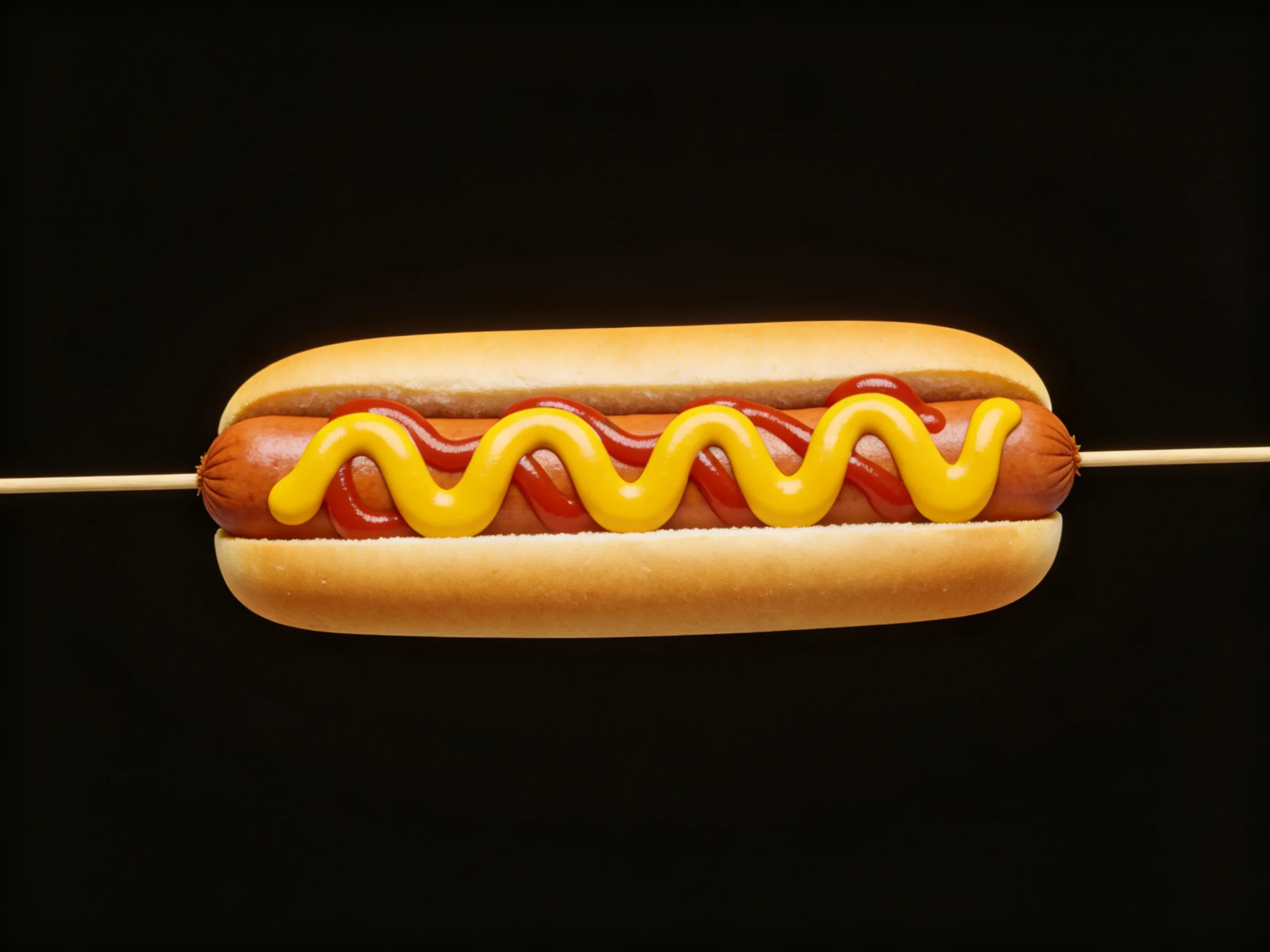 A single hot dog with zigzag mustard and ketchup skewered on toothpicks