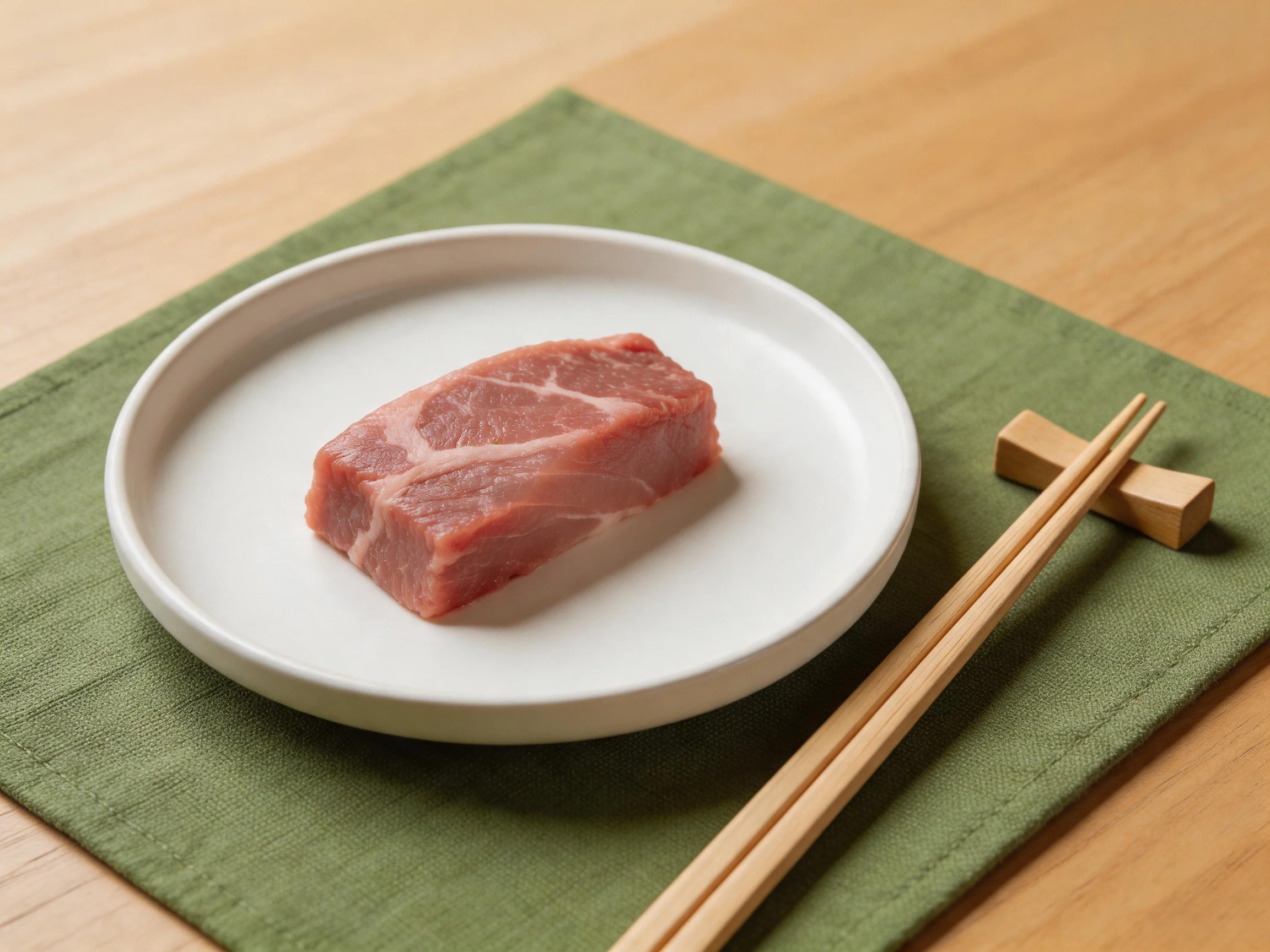 A single piece of raw pork on a white plate with wooden chopsticks