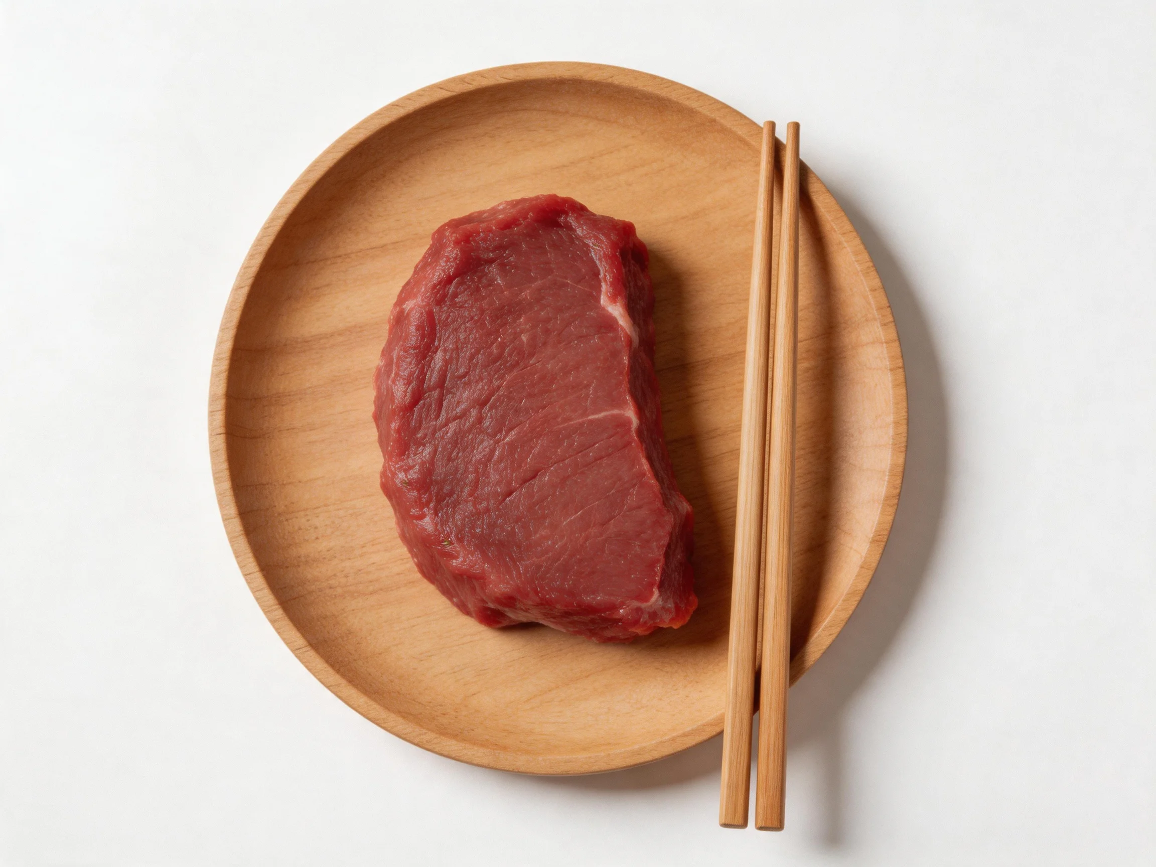A single piece of raw red beef on a light brown wooden plate with chopsticks