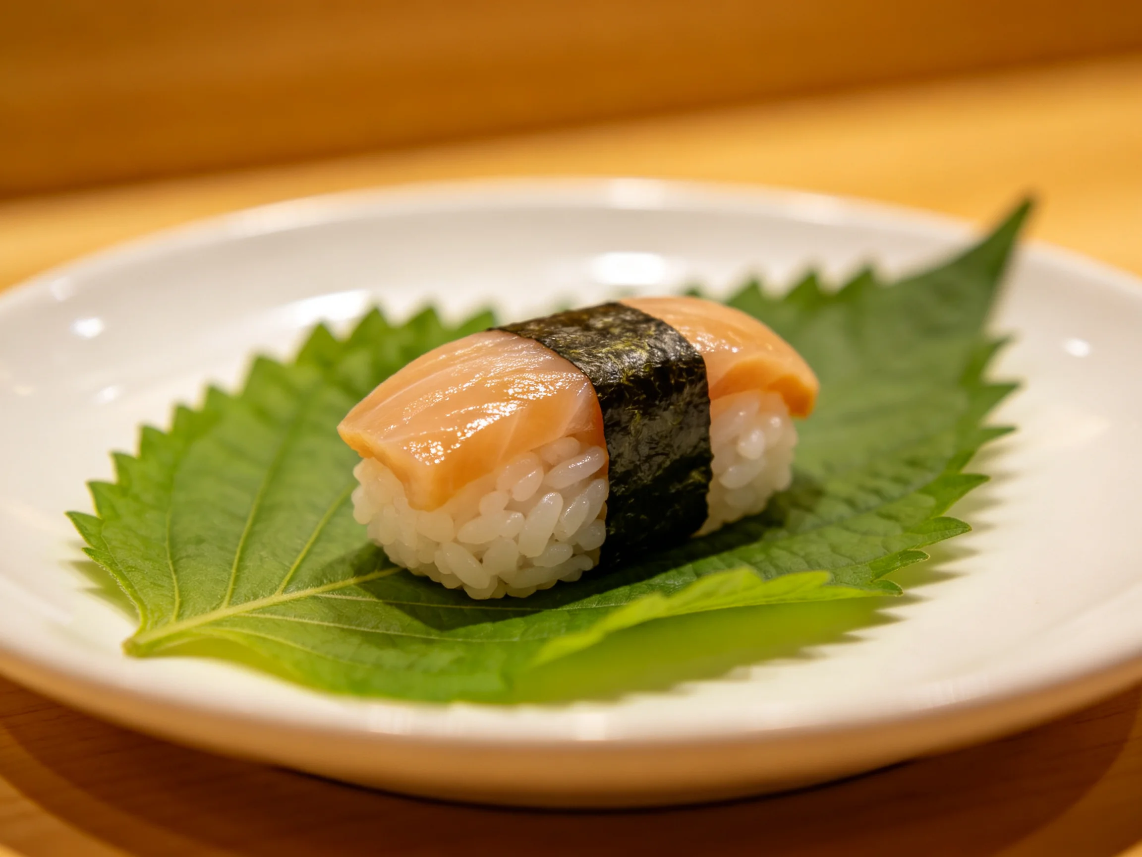 A single piece of salmon nigiri sushi on a green shiso leaf