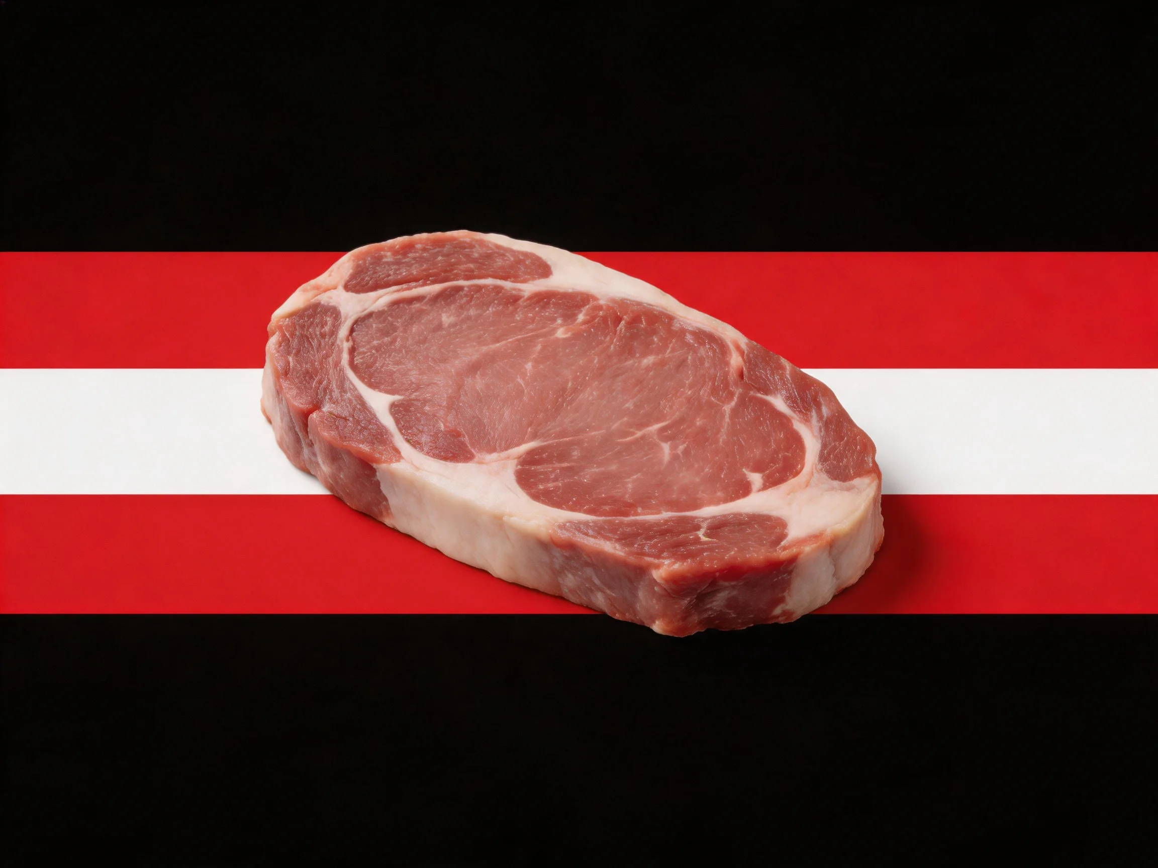A single raw cut of meat displayed on red and white striped background