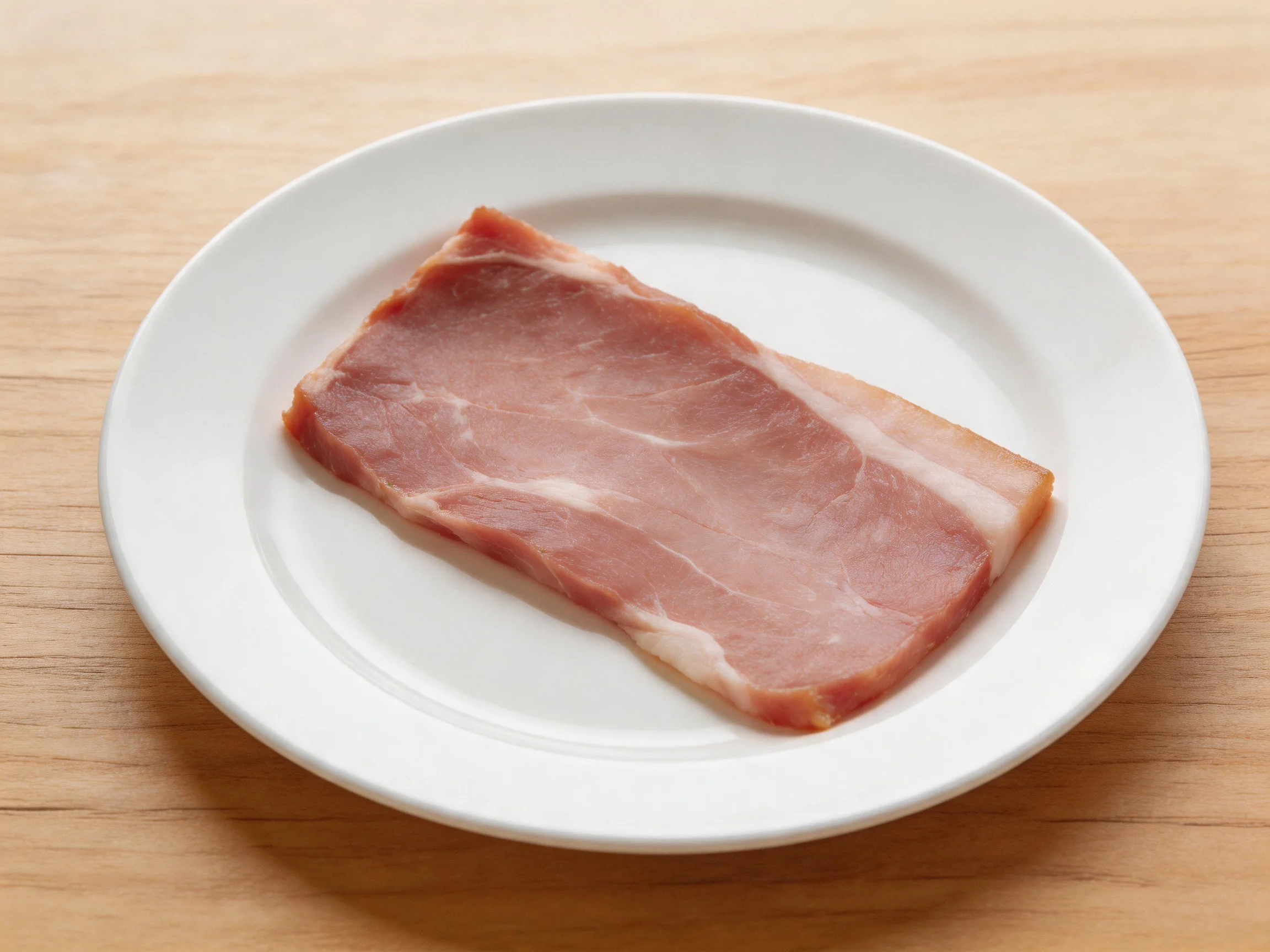 A single slice of pink cured meat on a plain white plate